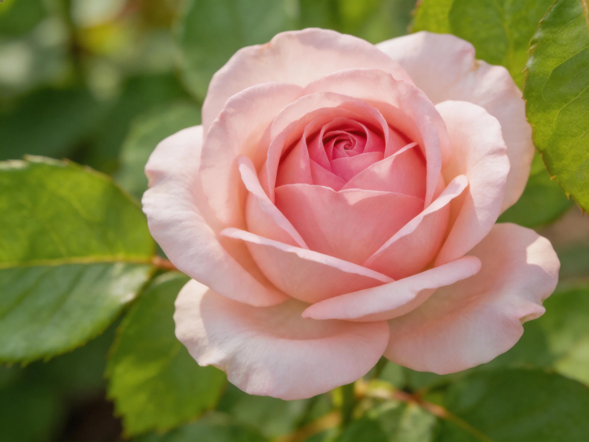 A soft pink rose in full bloom amidst lush green leaves