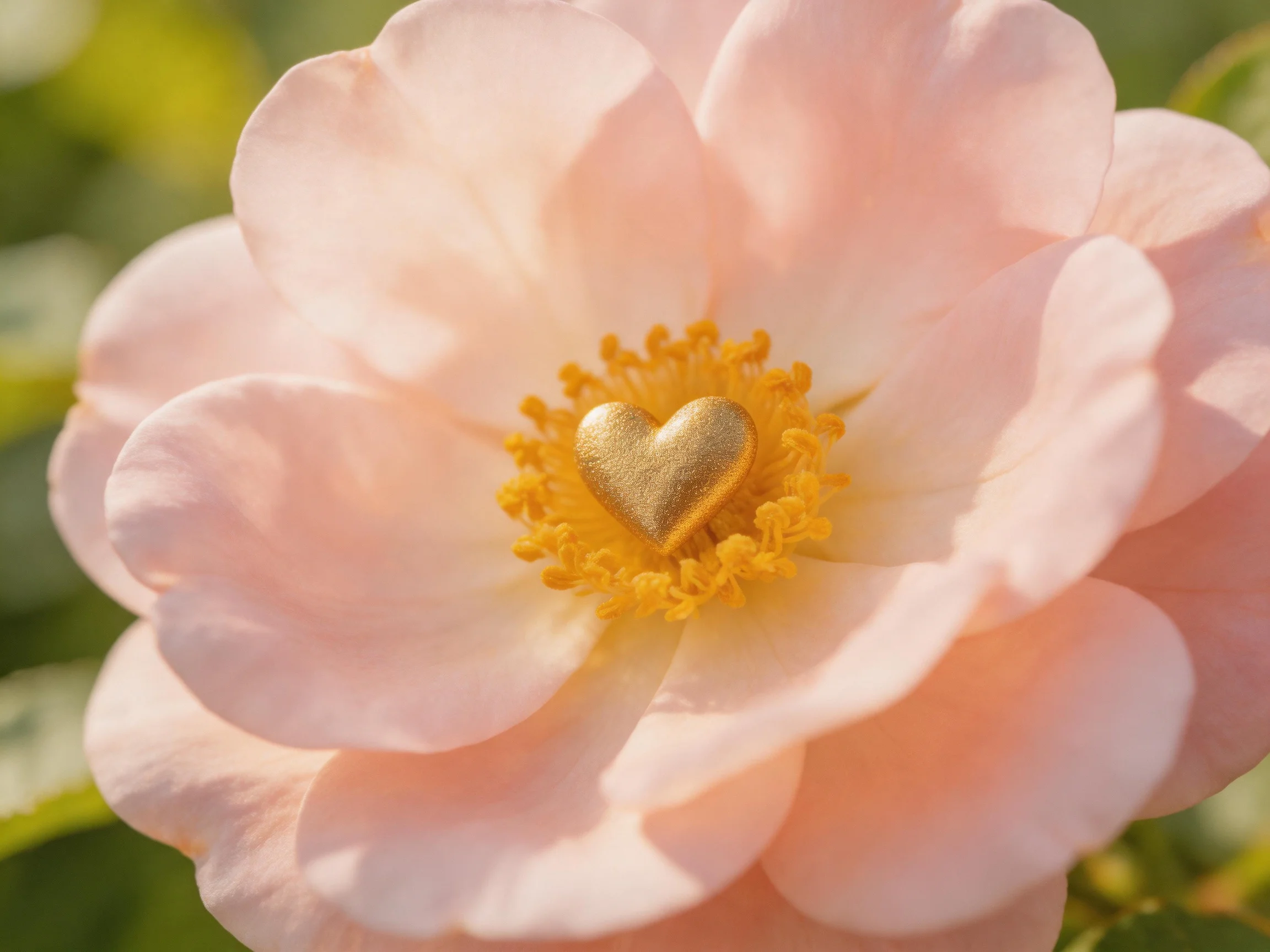 A soft pink rose with a golden heart in its center