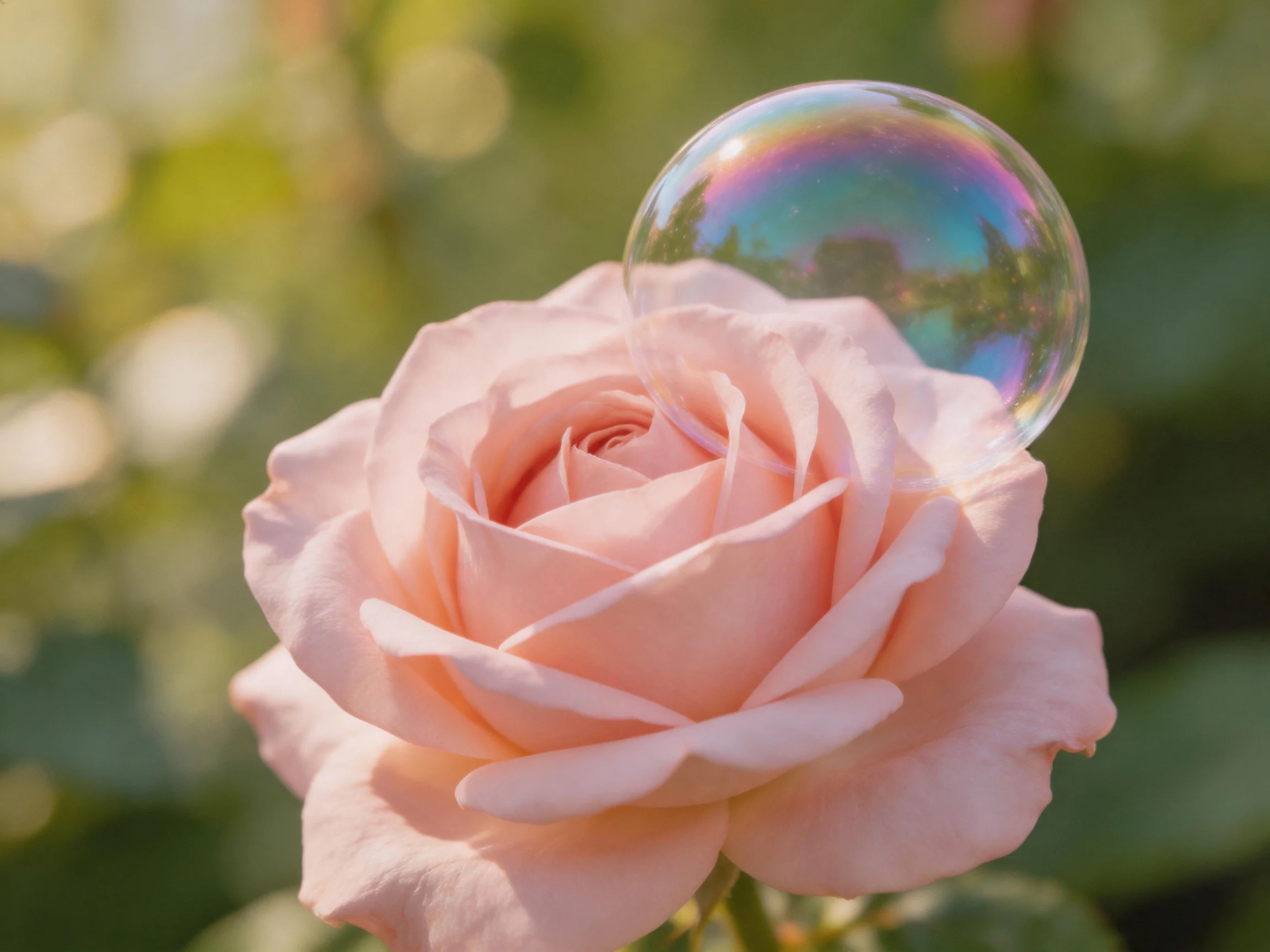 A soft pink rose with an iridescent soap bubble touching its petals