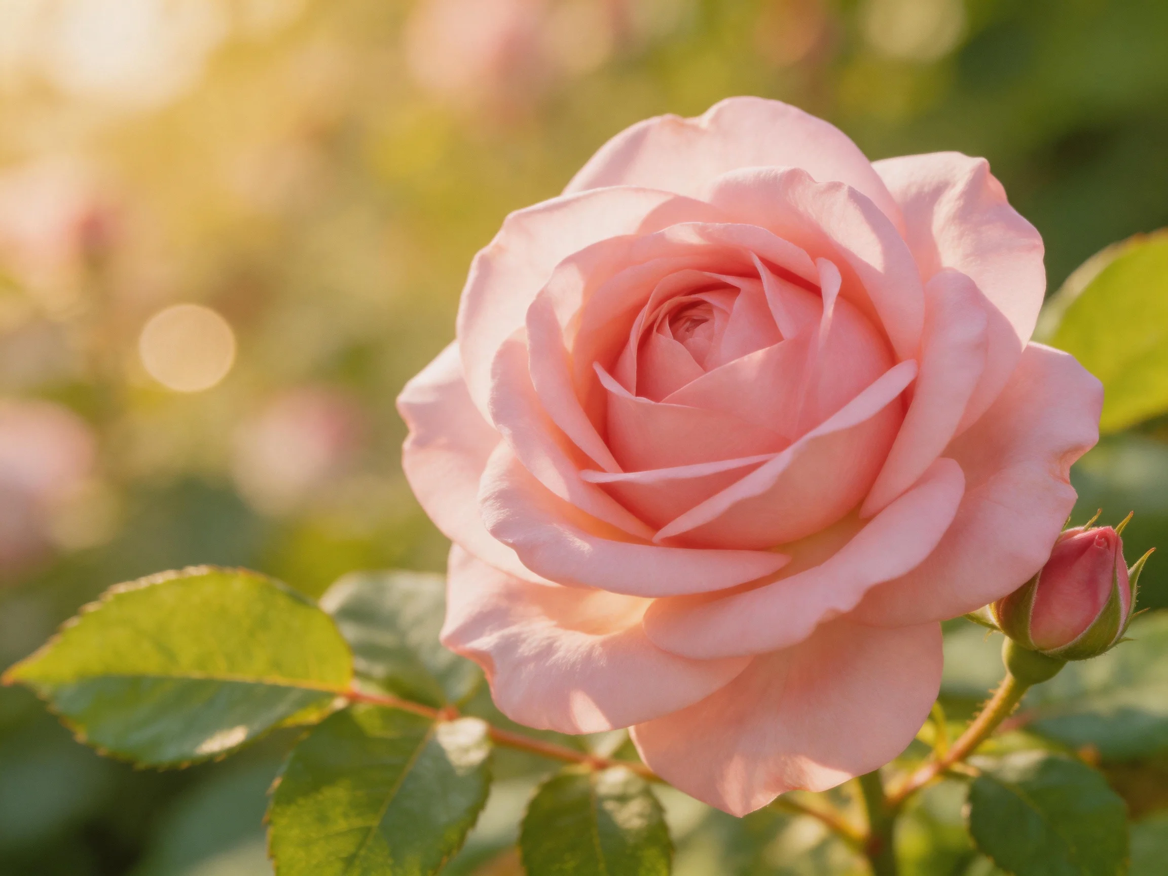 A soft pink rose with green leaves and a budding flower