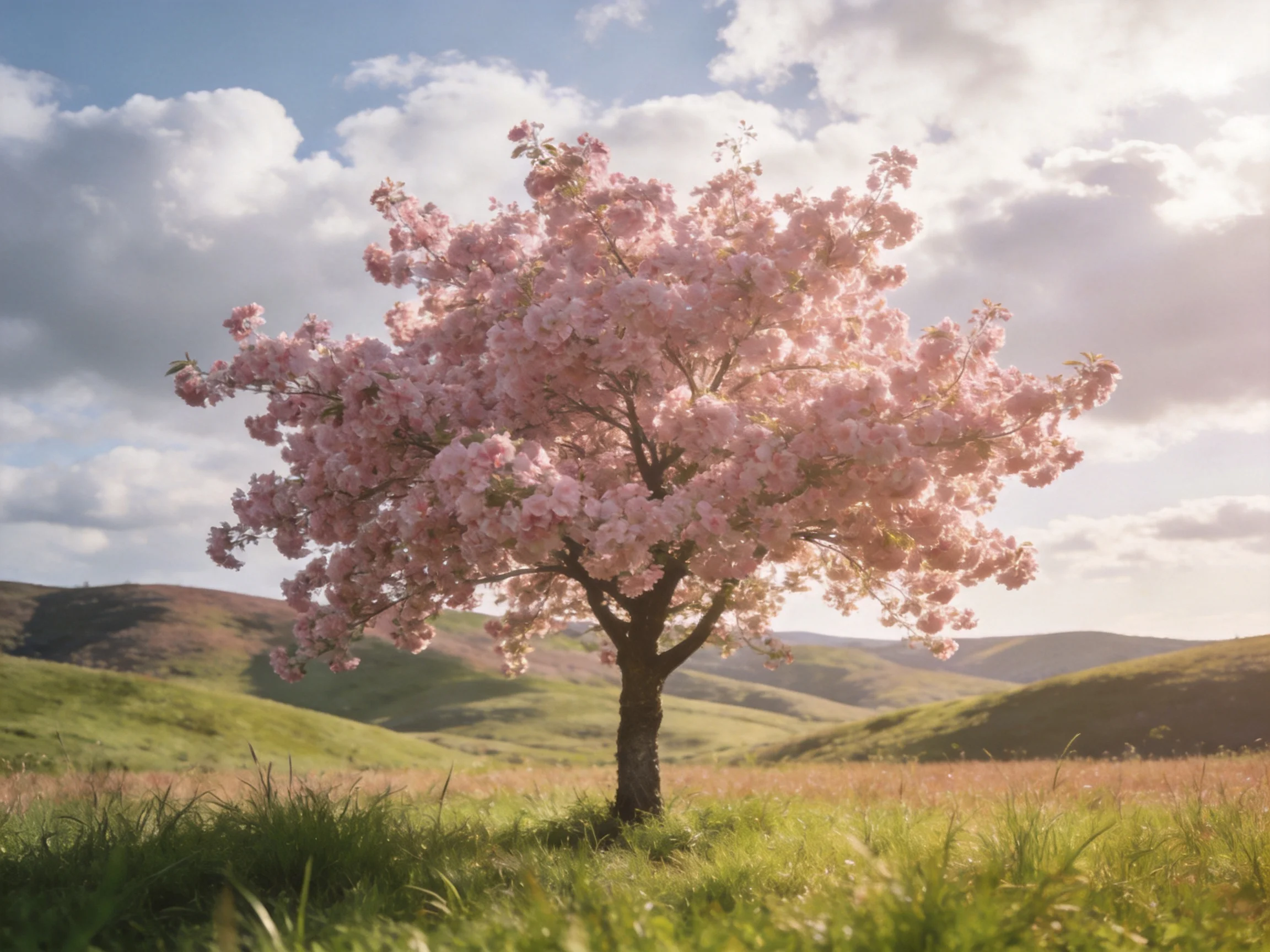 A solitary cherry blossom tree blooms vibrantly amid rolling green hills