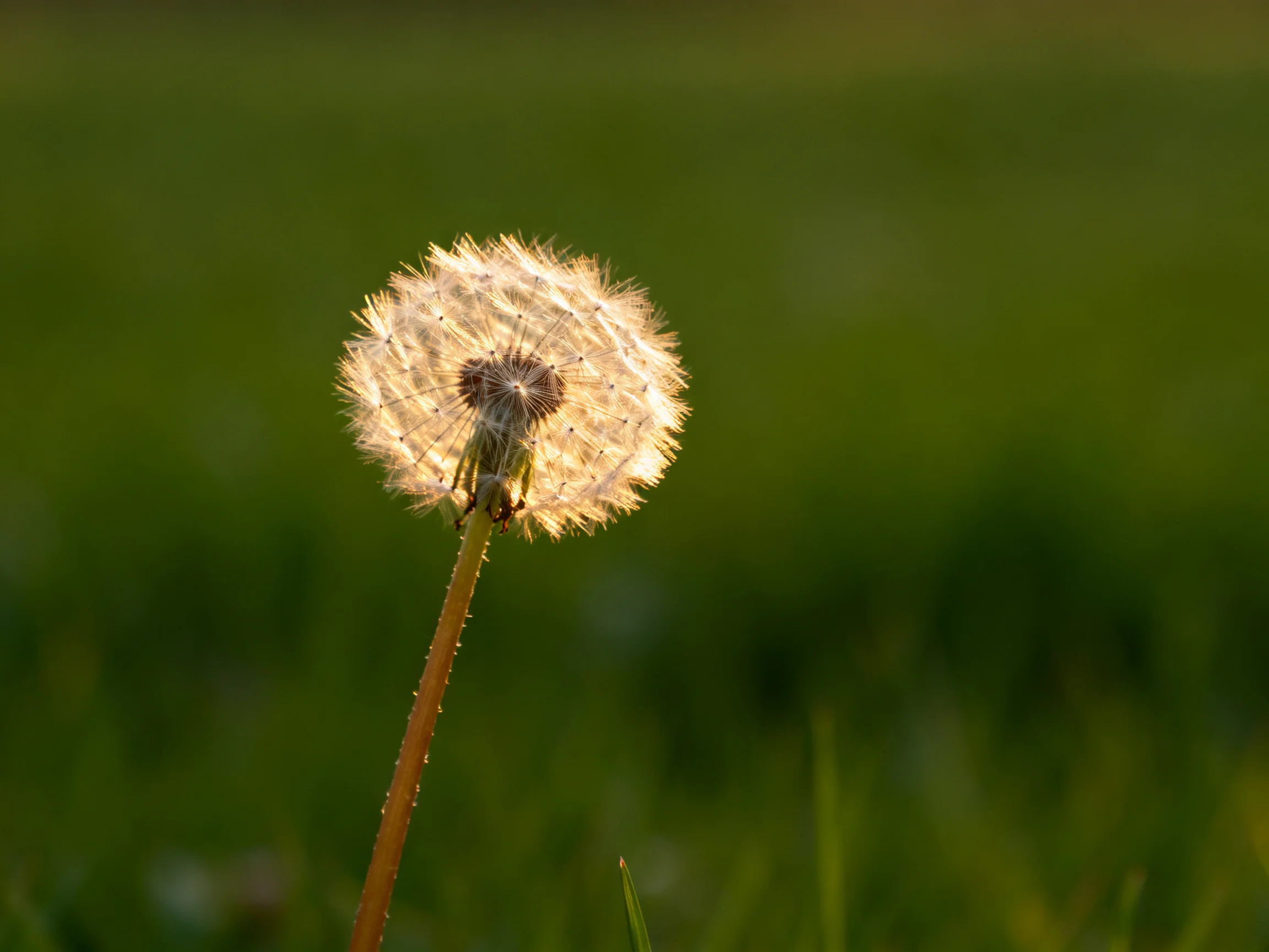 A solitary dandelion seed head glowing in soft golden light