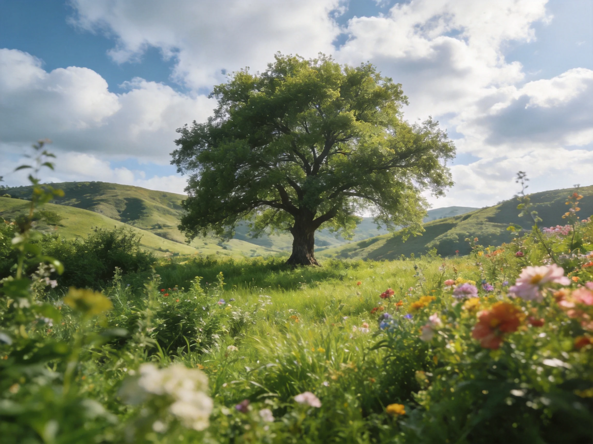 A solitary oak tree amidst vibrant wildflowers and rolling green hills
