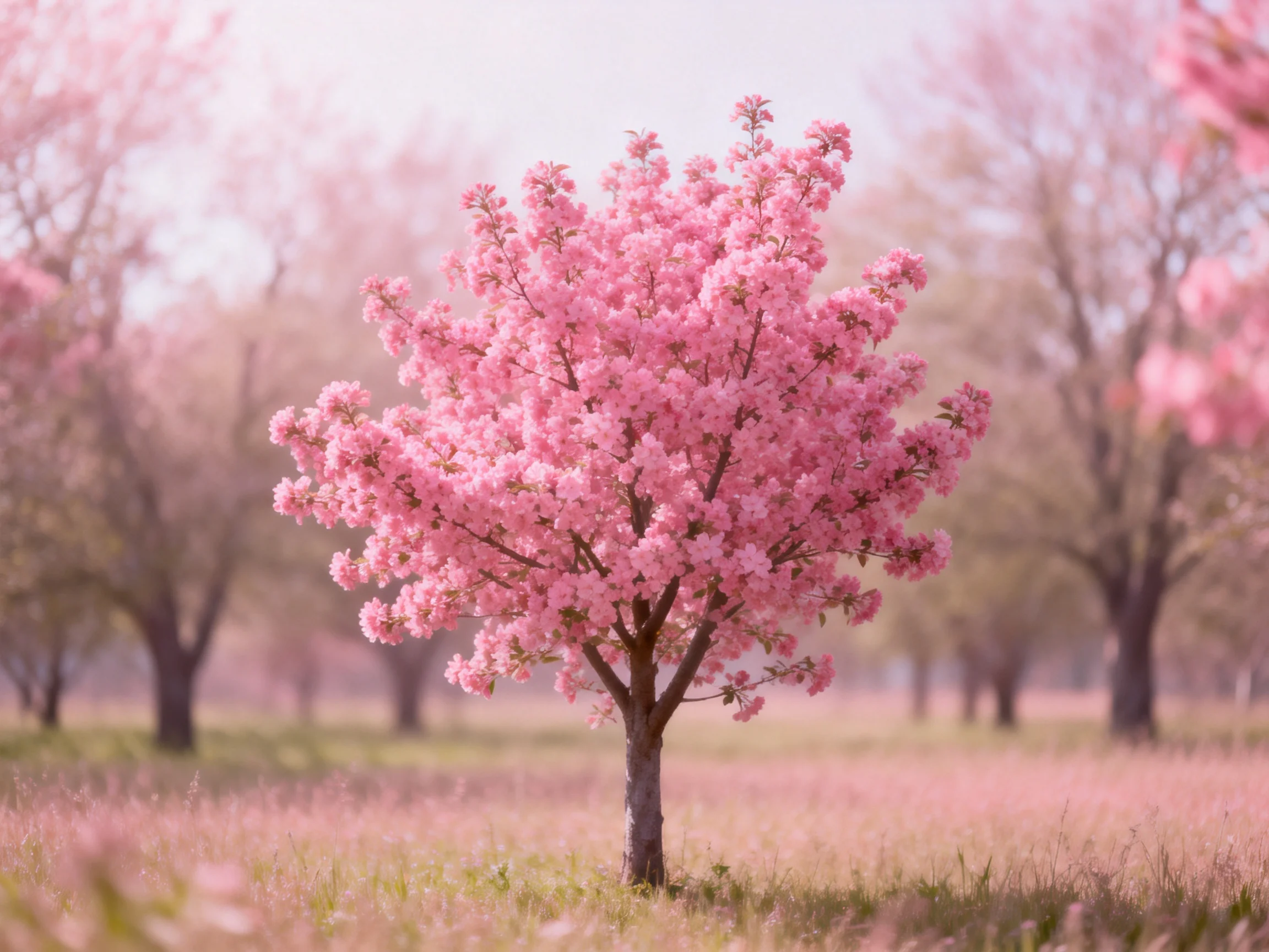 A solitary pink-flowered tree in a dreamy spring landscape