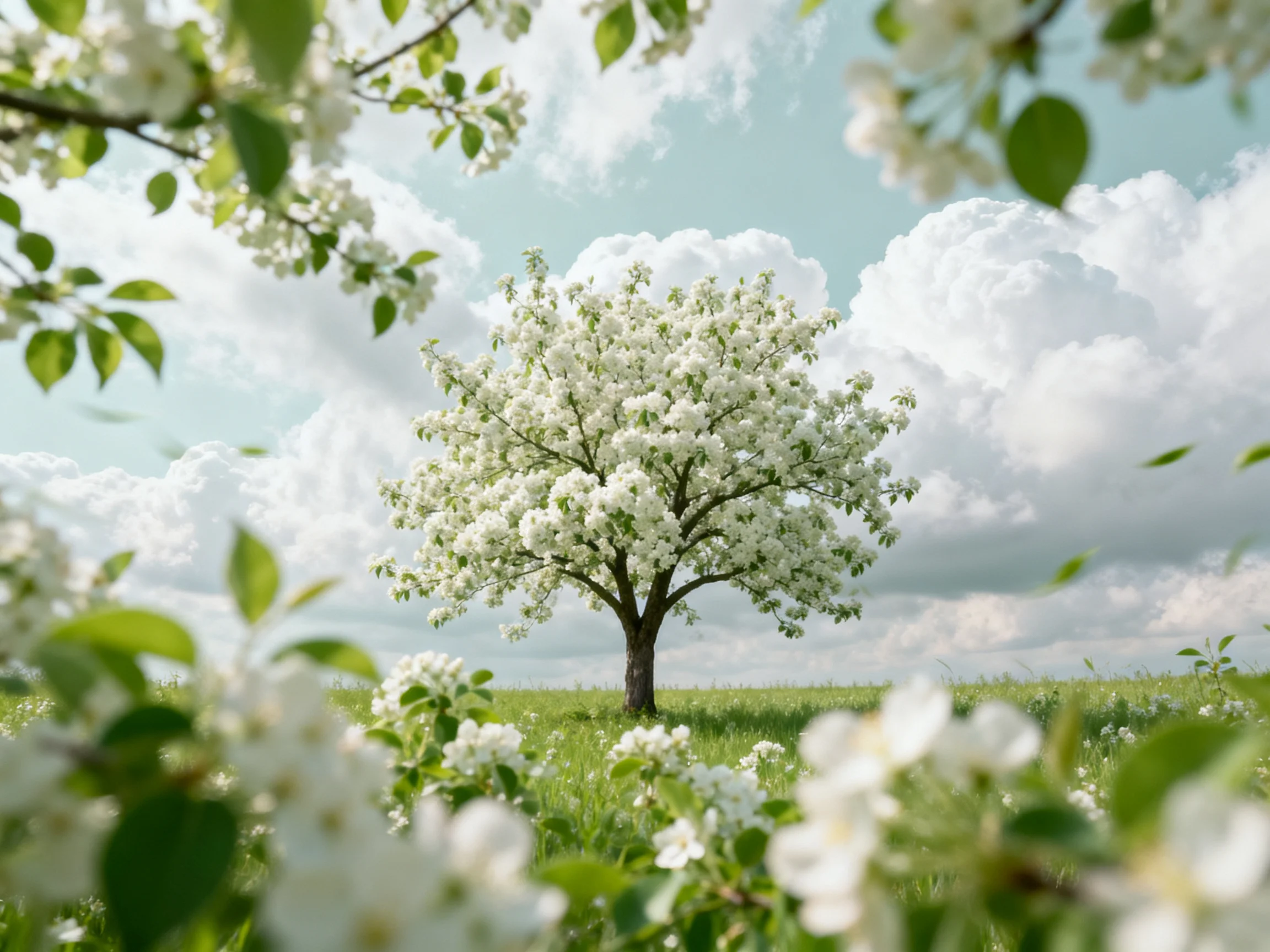 A solitary tree blooms with white blossoms in a lush green meadow