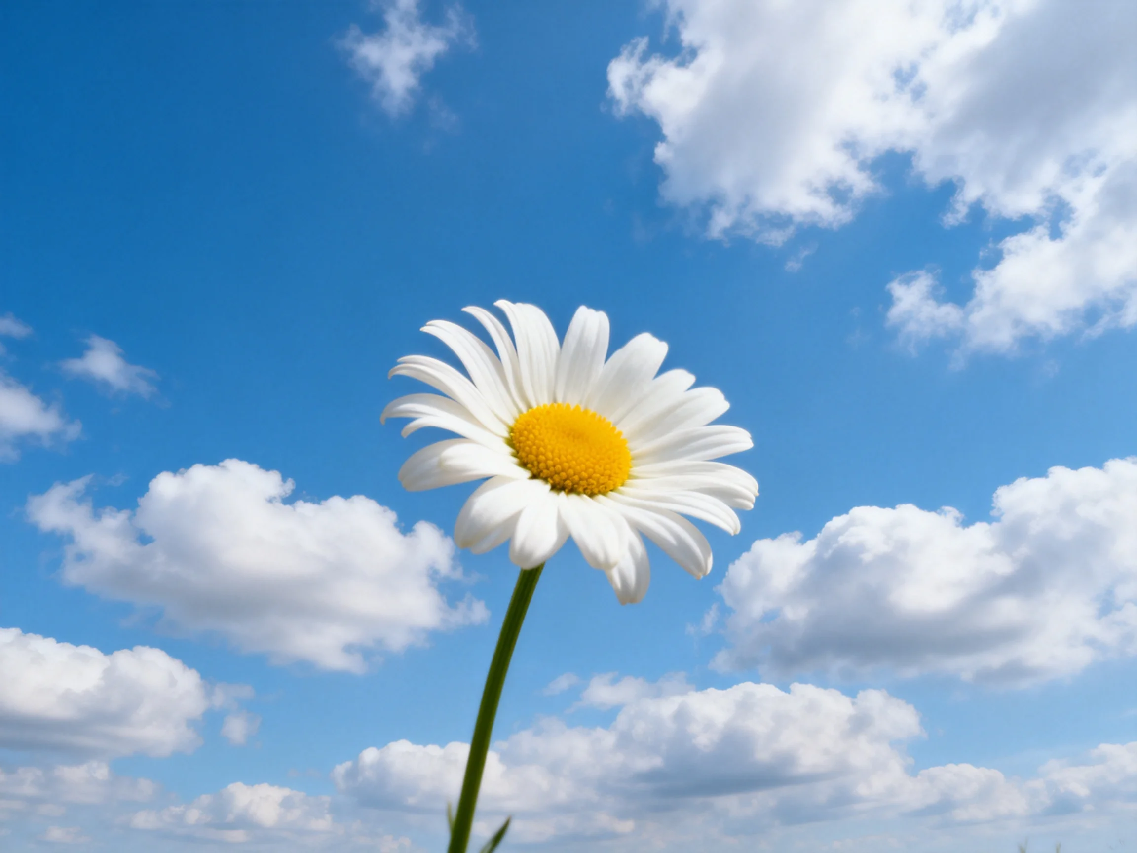 A solitary white daisy blooms beneath scattered fluffy clouds