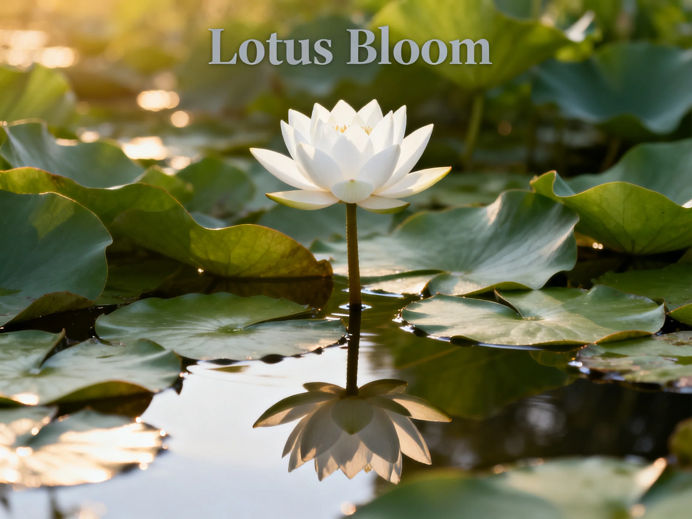 A solitary white lotus blooms amid green lily pads in calm water