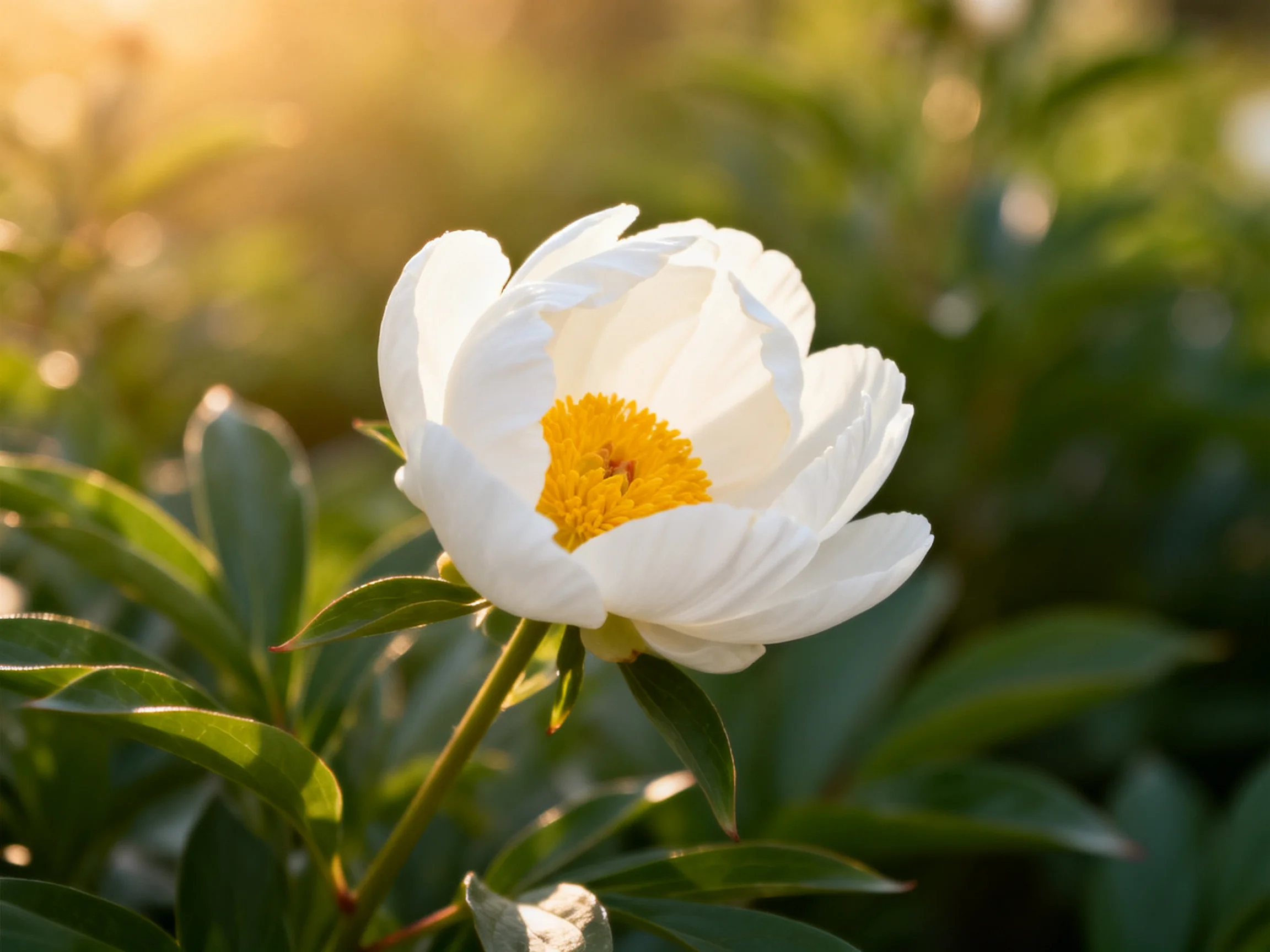 A solitary white peony blooms amid lush greenery under golden sunlight