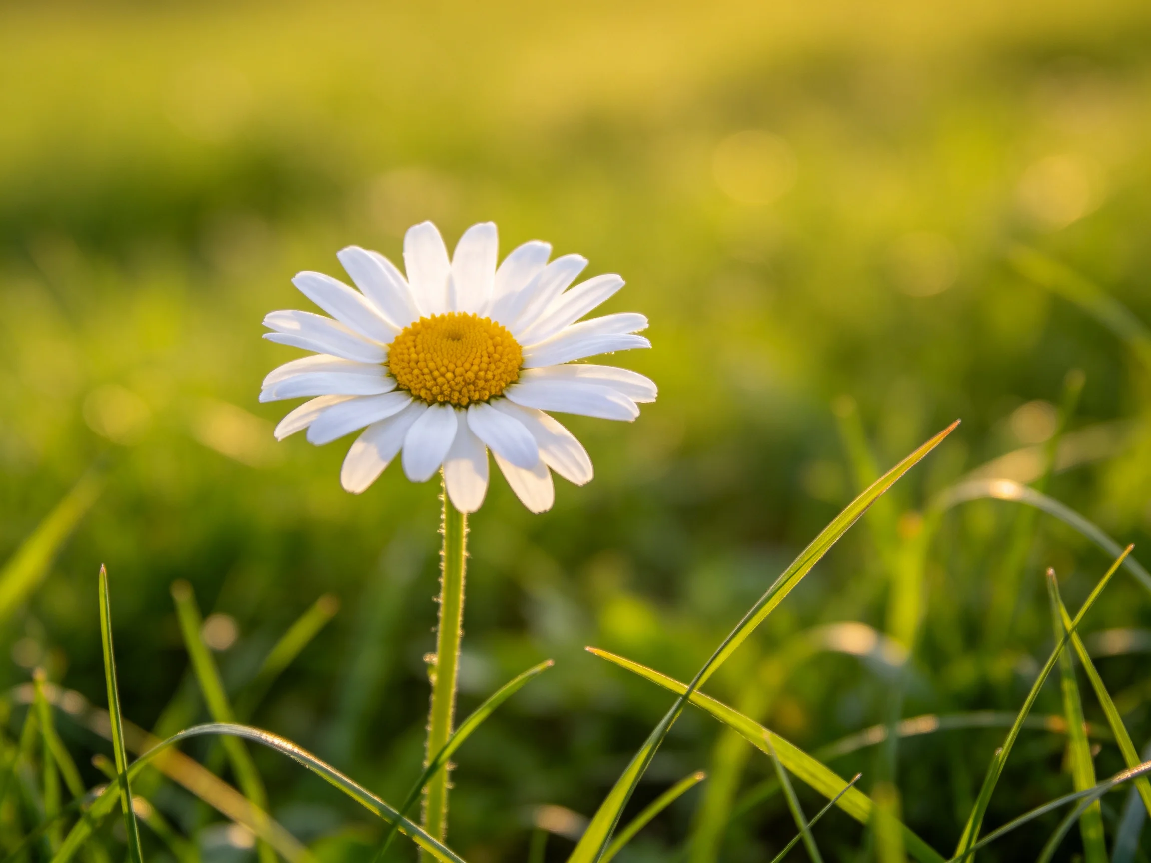 A solitarydaisy with white petals stands in a field of green grass
