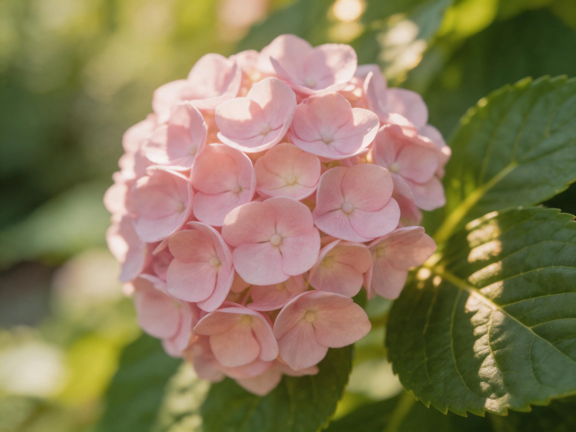 A spherical cluster of pastel pink hydrangeas beside large green leaves