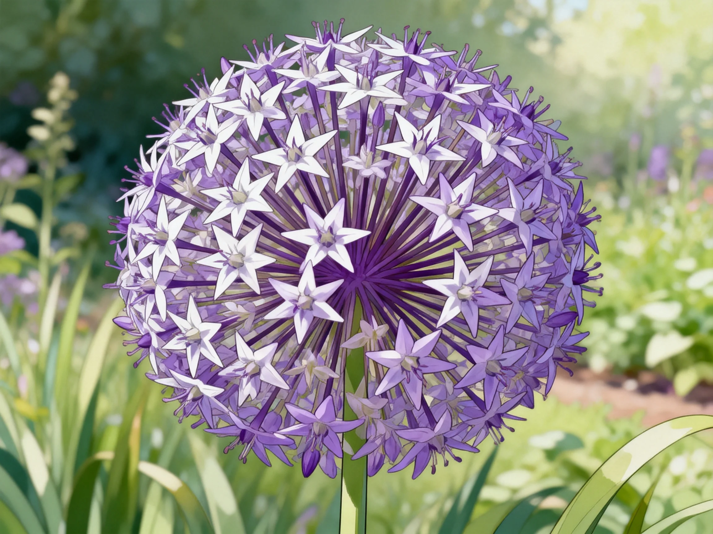 A spherical cluster of purple and white allium flowers in a garden