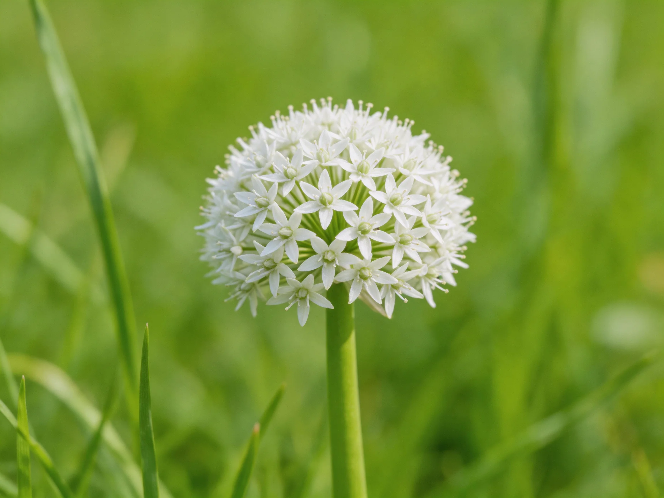 A spherical white allium flower stands amid lush green foliage