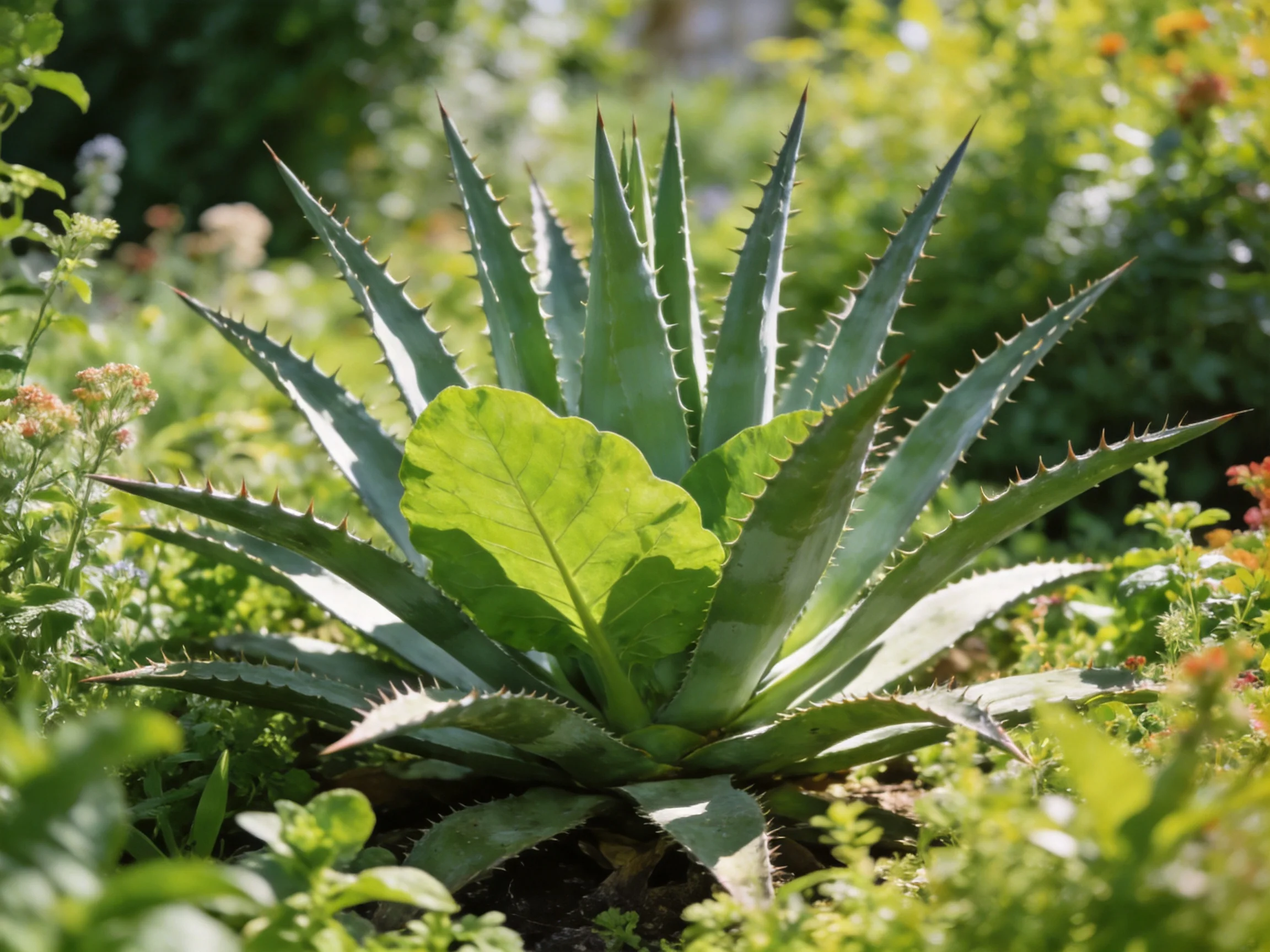 A spiky agave plant amid lush green surroundings