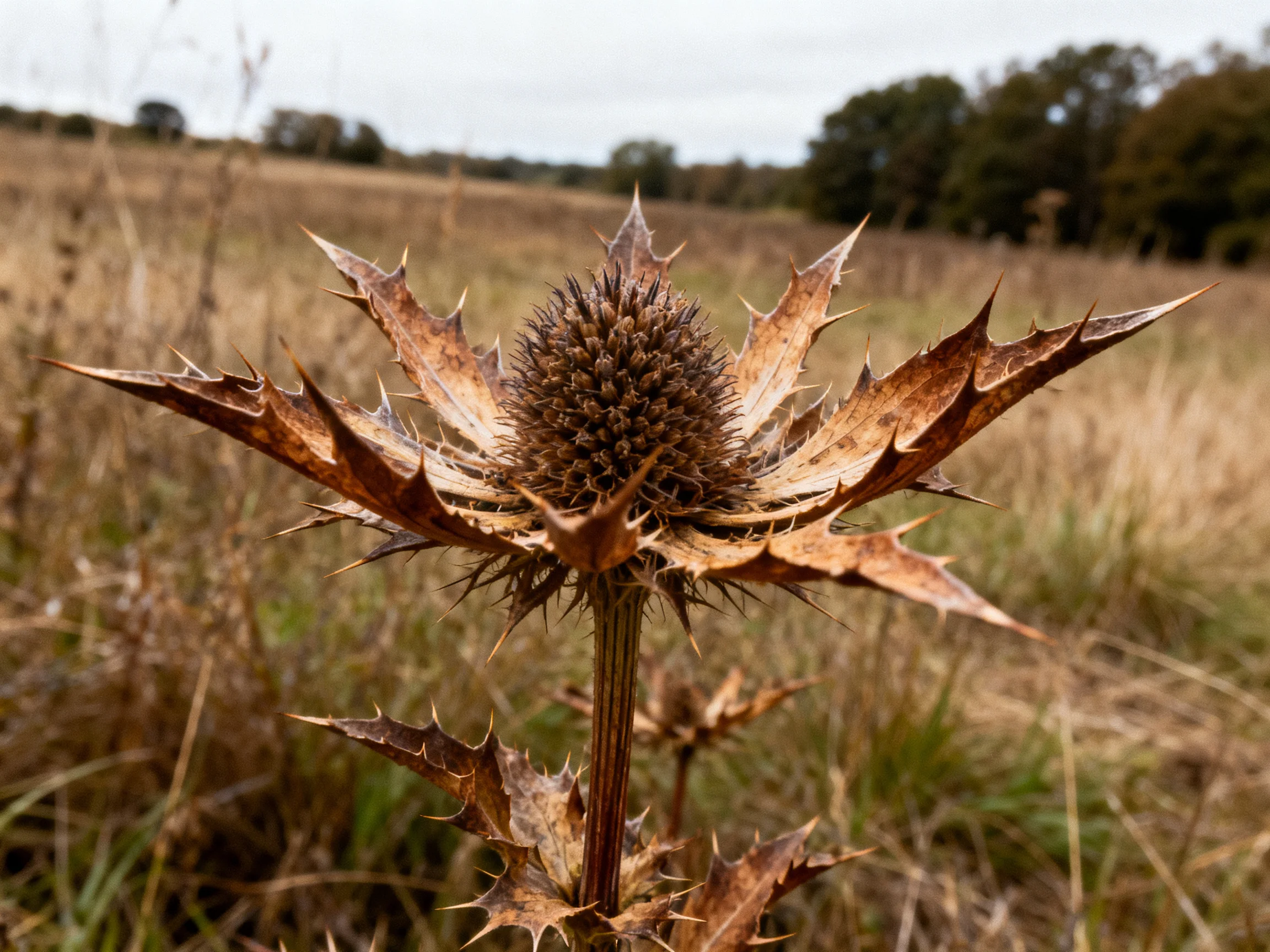 A spiky brown thistle stands amid golden grasses