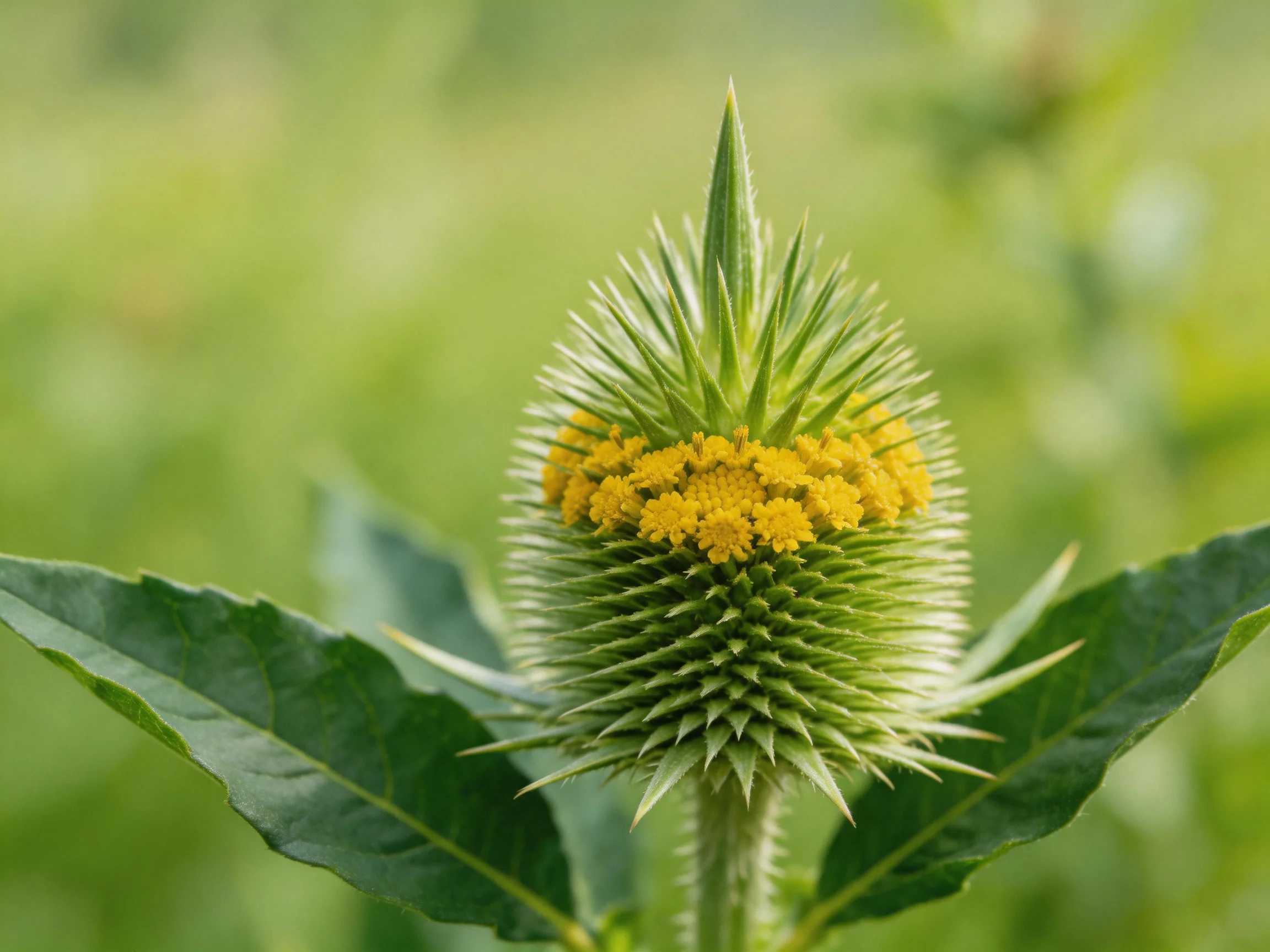 A spiky green thistle with bright yellow central blooms