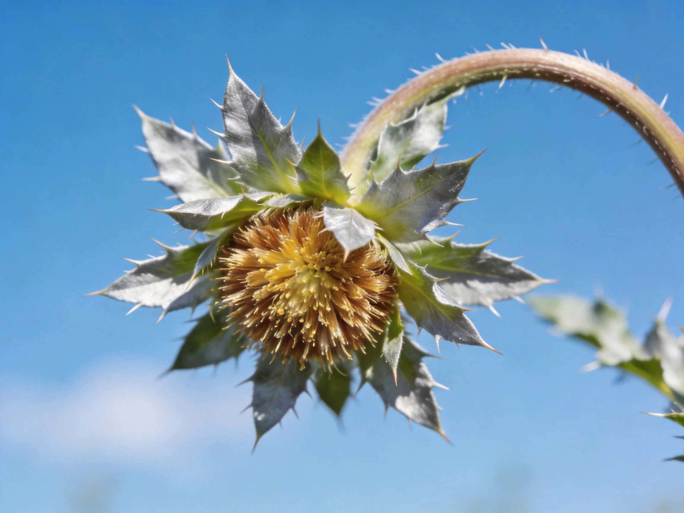 A spiky-leaved plant with a brown spherical bloom under clear blue sky