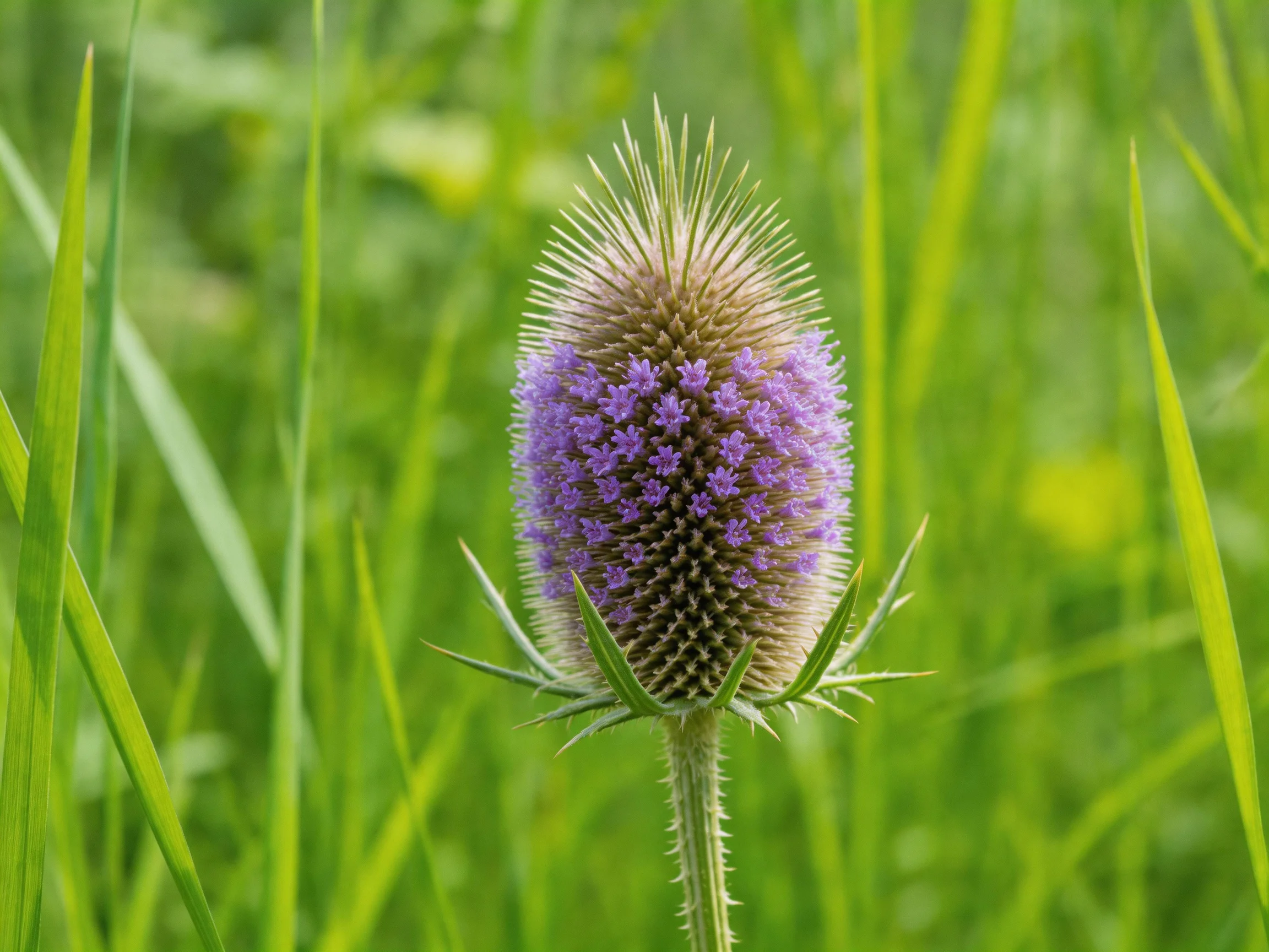 A spiky purple thistle blooms amidst tall green grasses