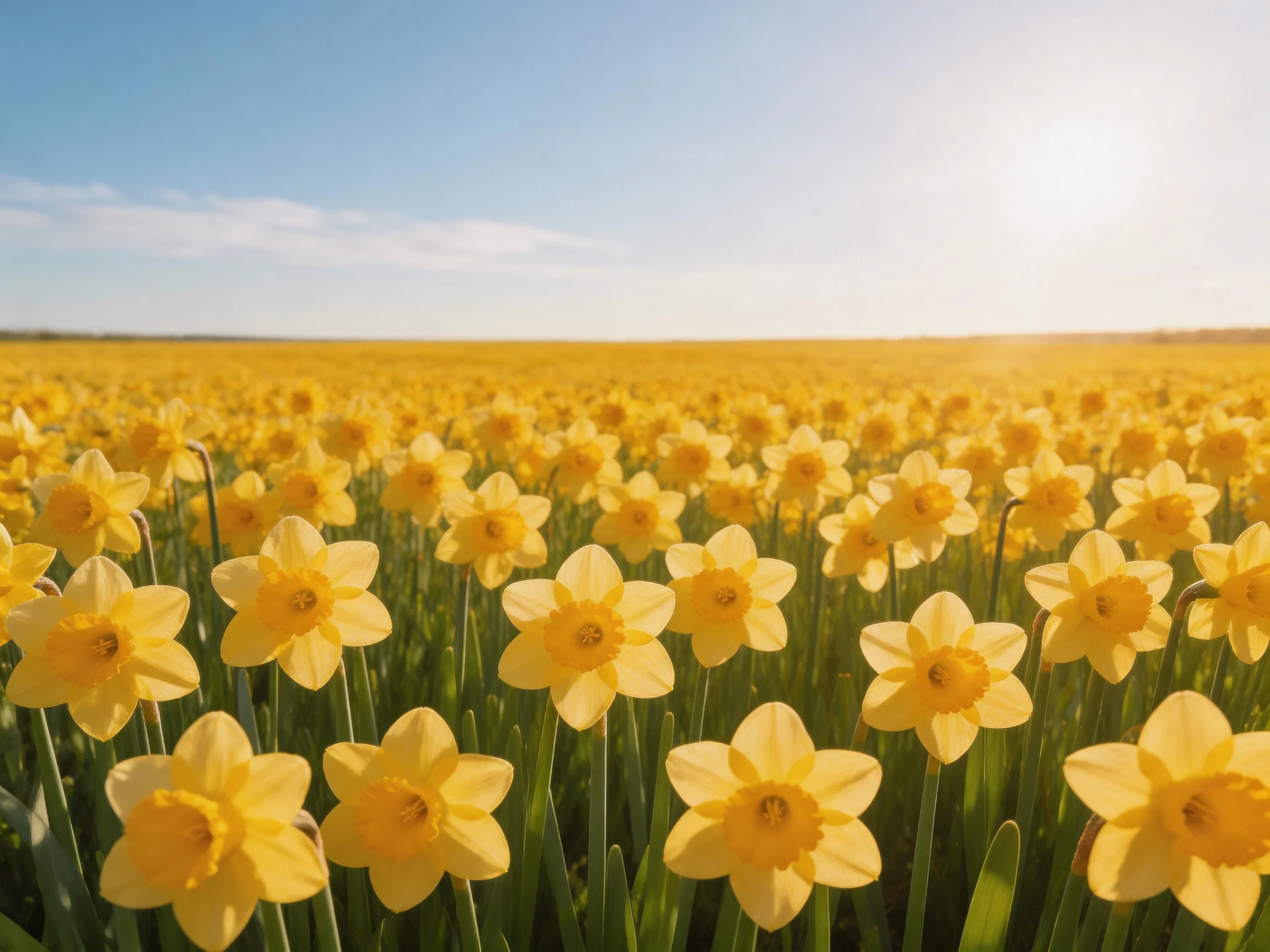 A sprawling field filled with vibrant yellow daffodils beneath a clear blue sky