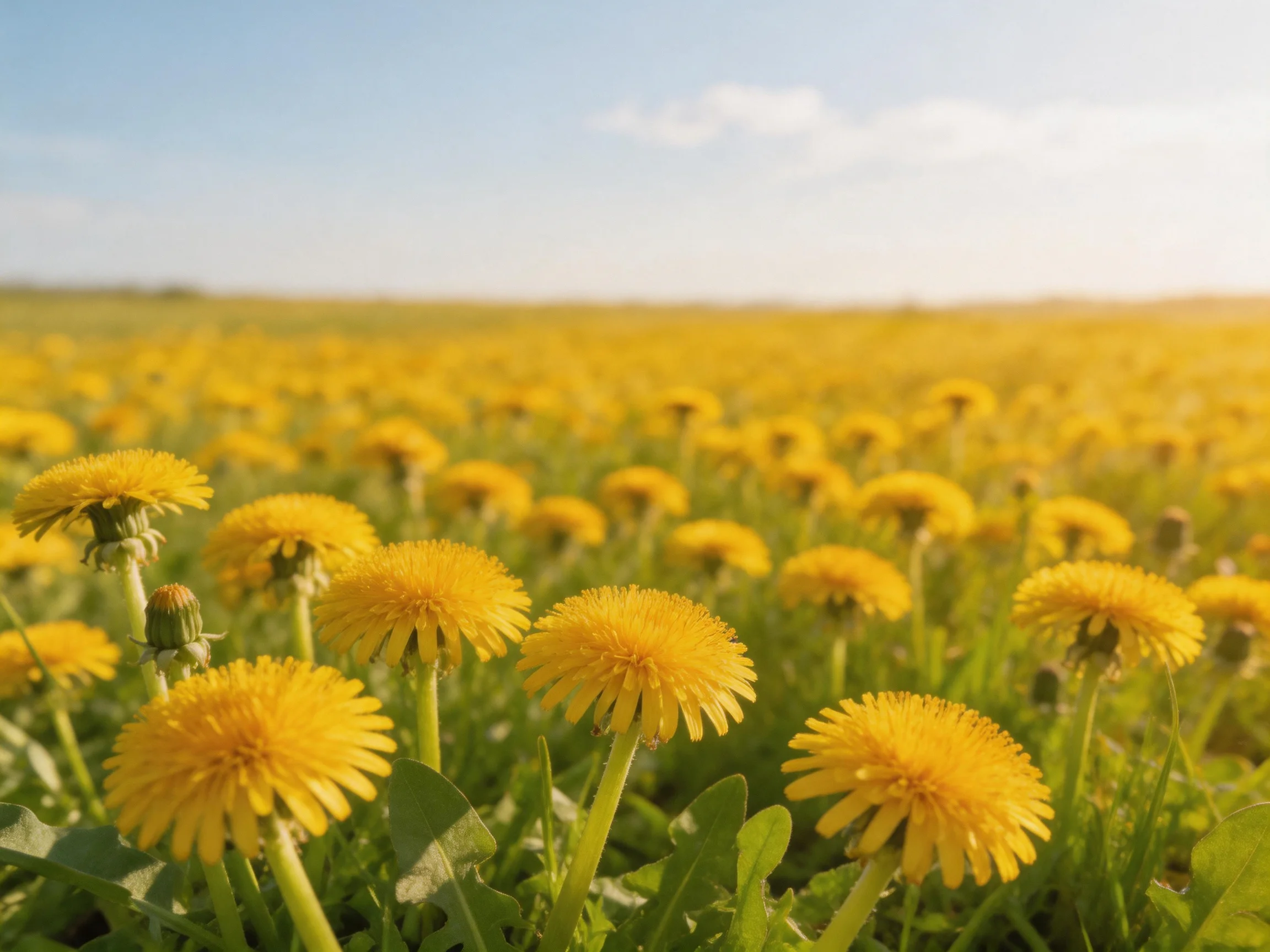 A sprawling field of bright yellow dandelions under a clear sky