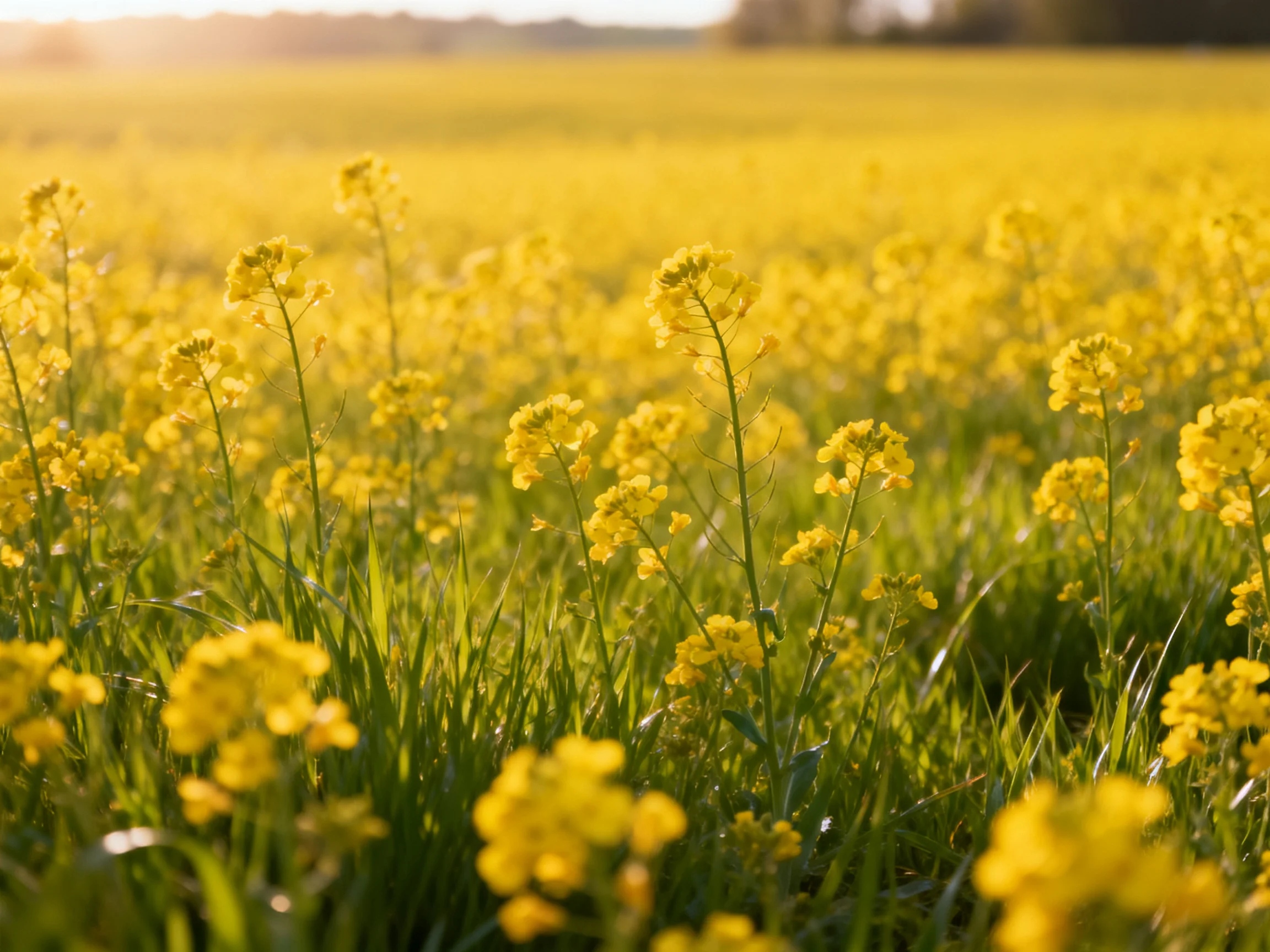 A sprawling field of bright yellow flowering plants under warm sunlight