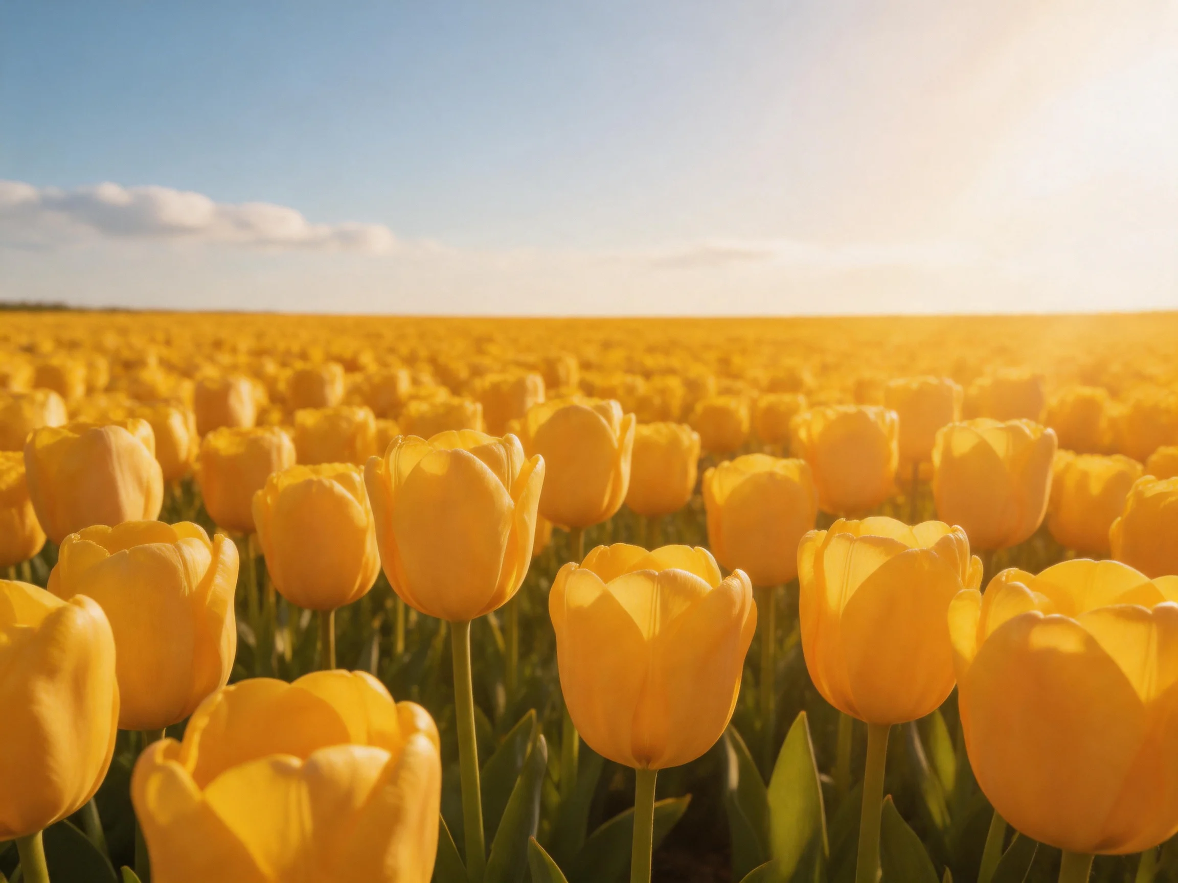 A sprawling field of golden-yellow tulips beneath bright sunlight