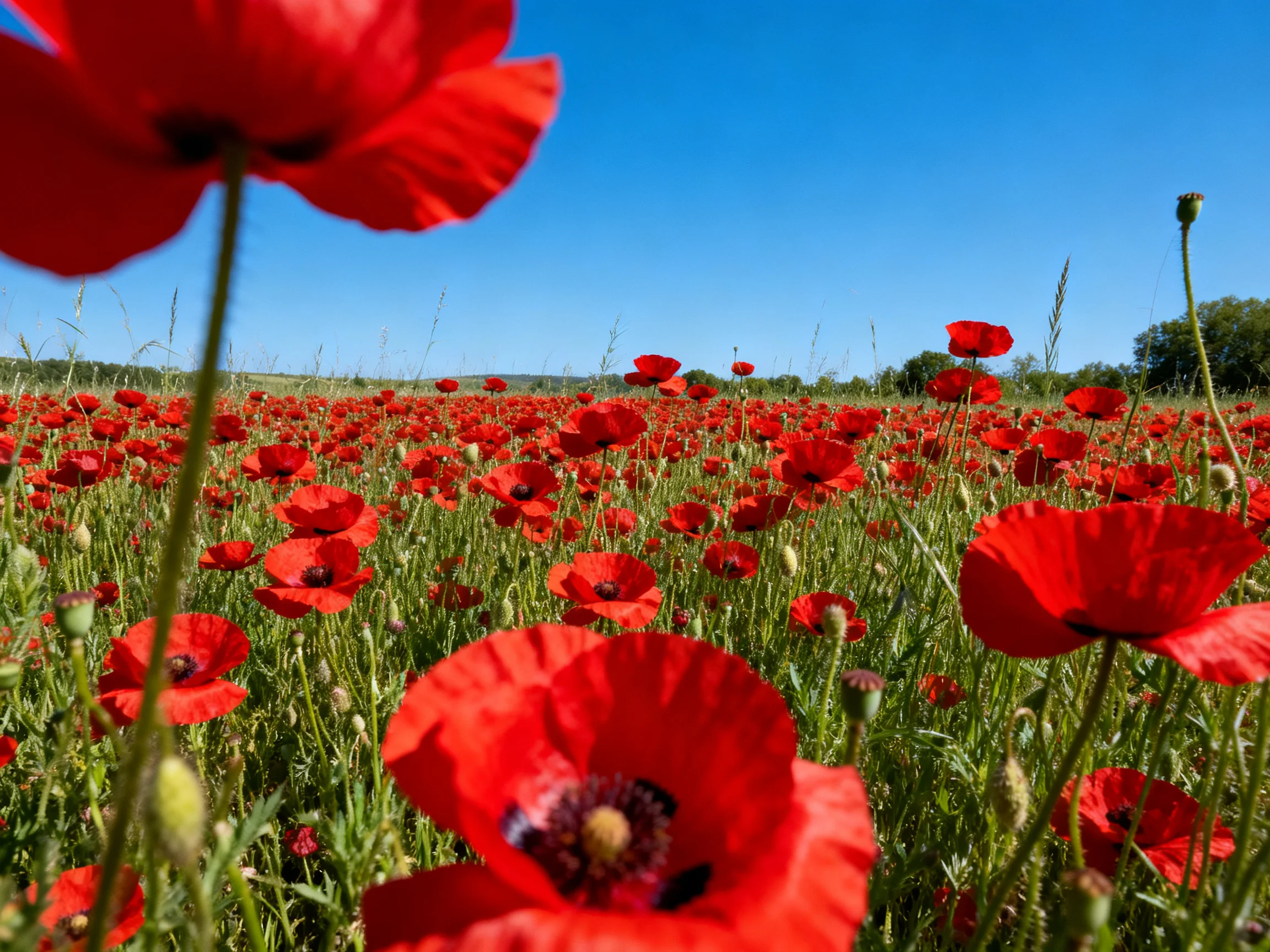 A sprawling field of vivid red poppies beneath a cloudless blue sky