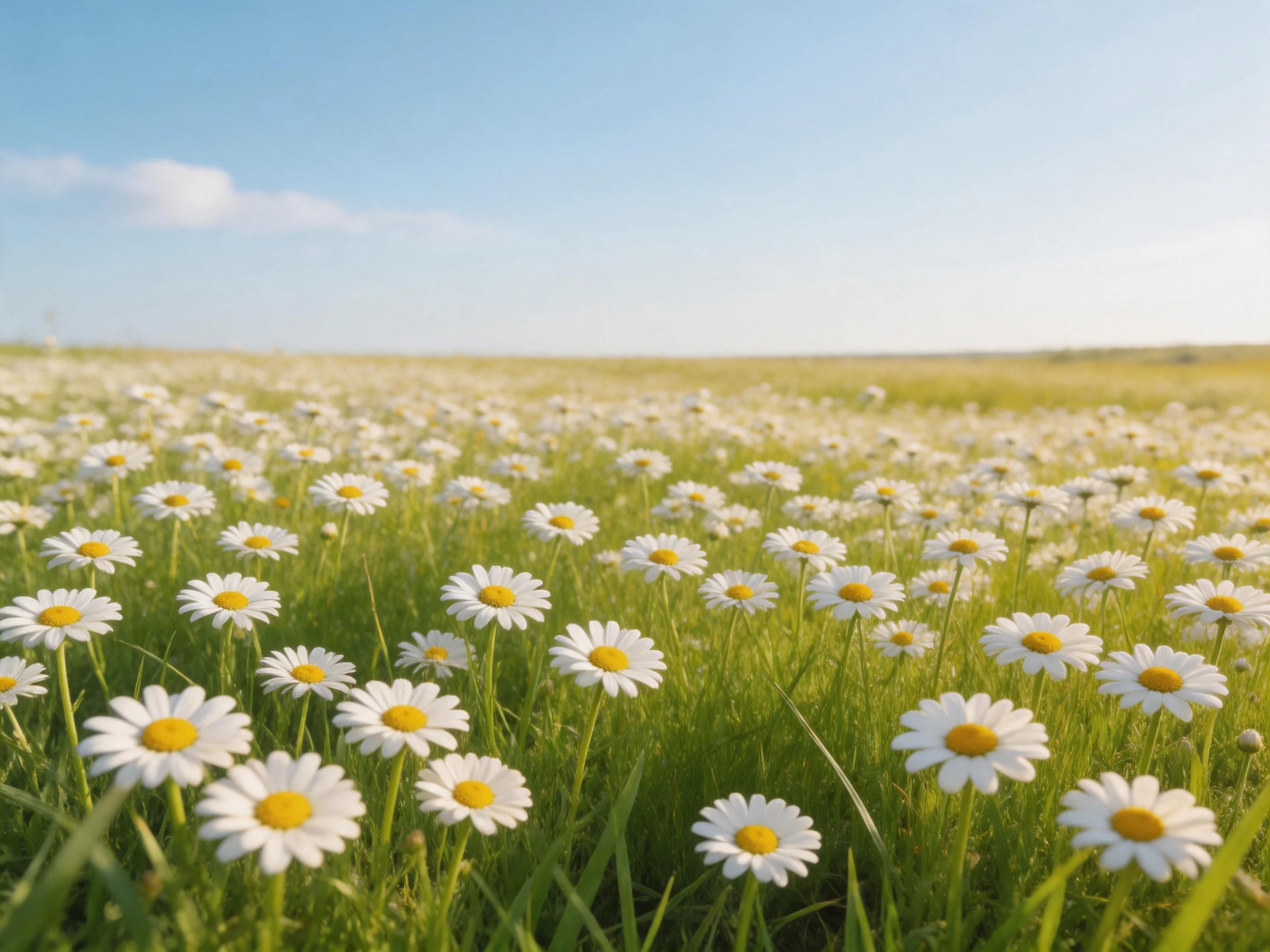 A sprawling field of white daisies with green grass under blue sky