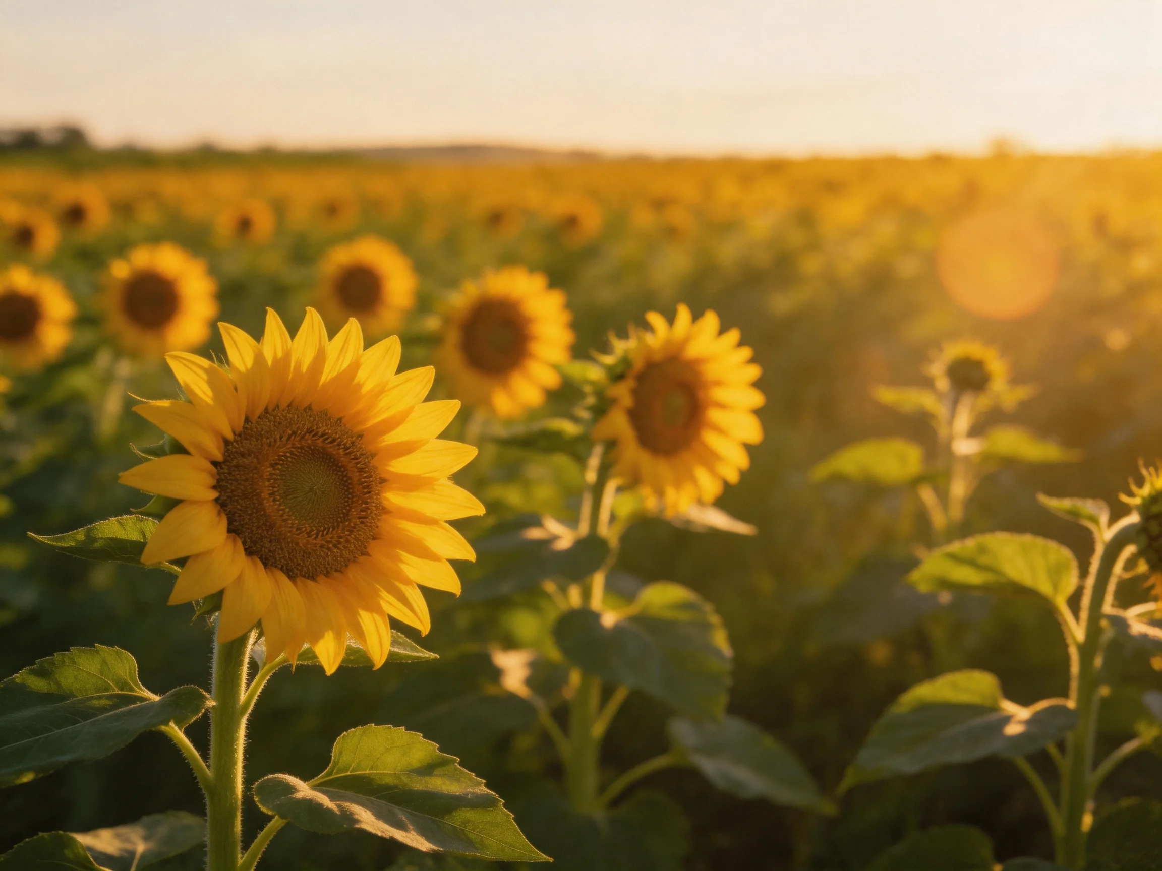 A sprawling sunflower field illuminated by golden sunlight