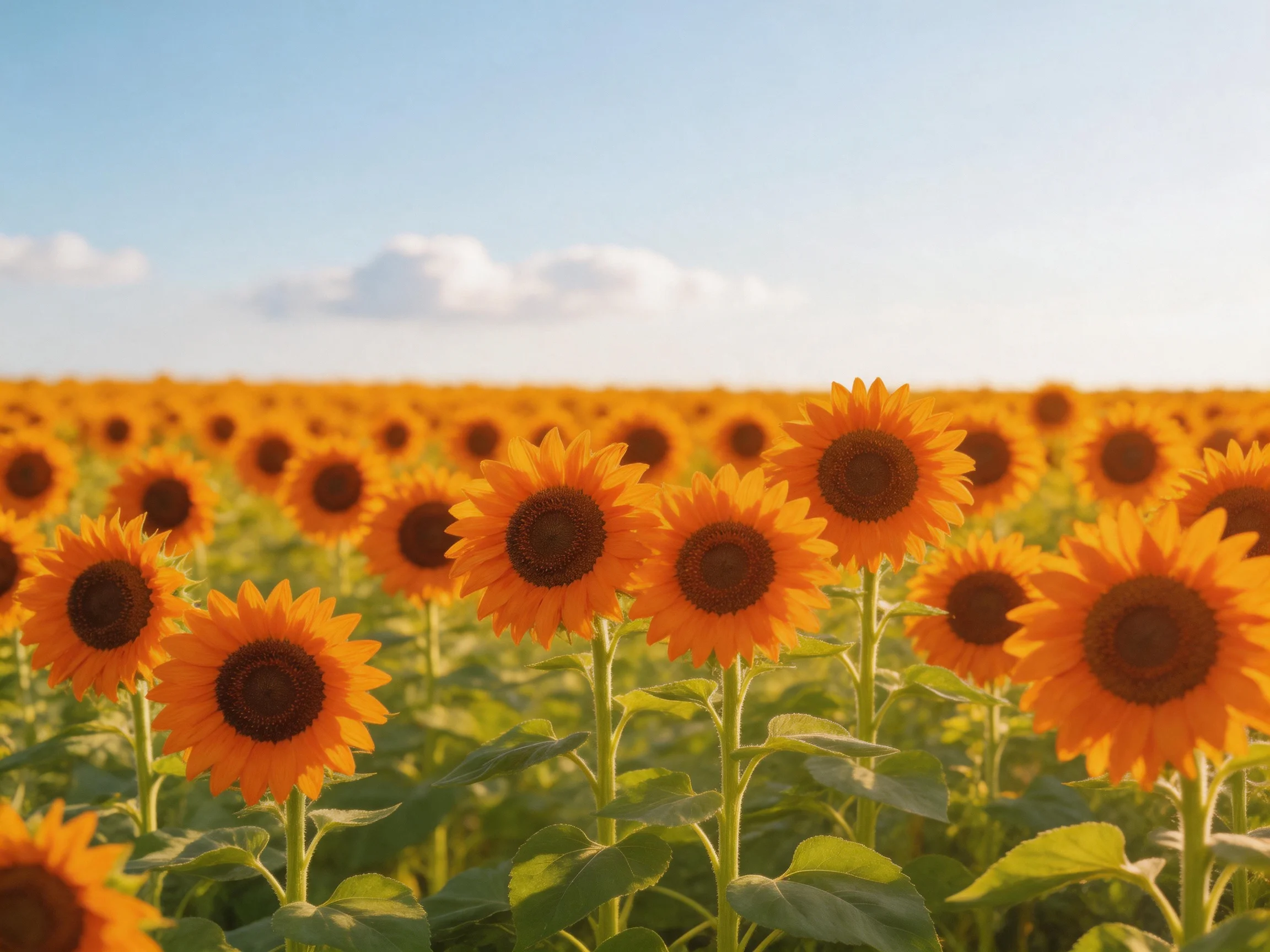 A sprawling sunflower field with vibrant orange blooms extending far into the distance