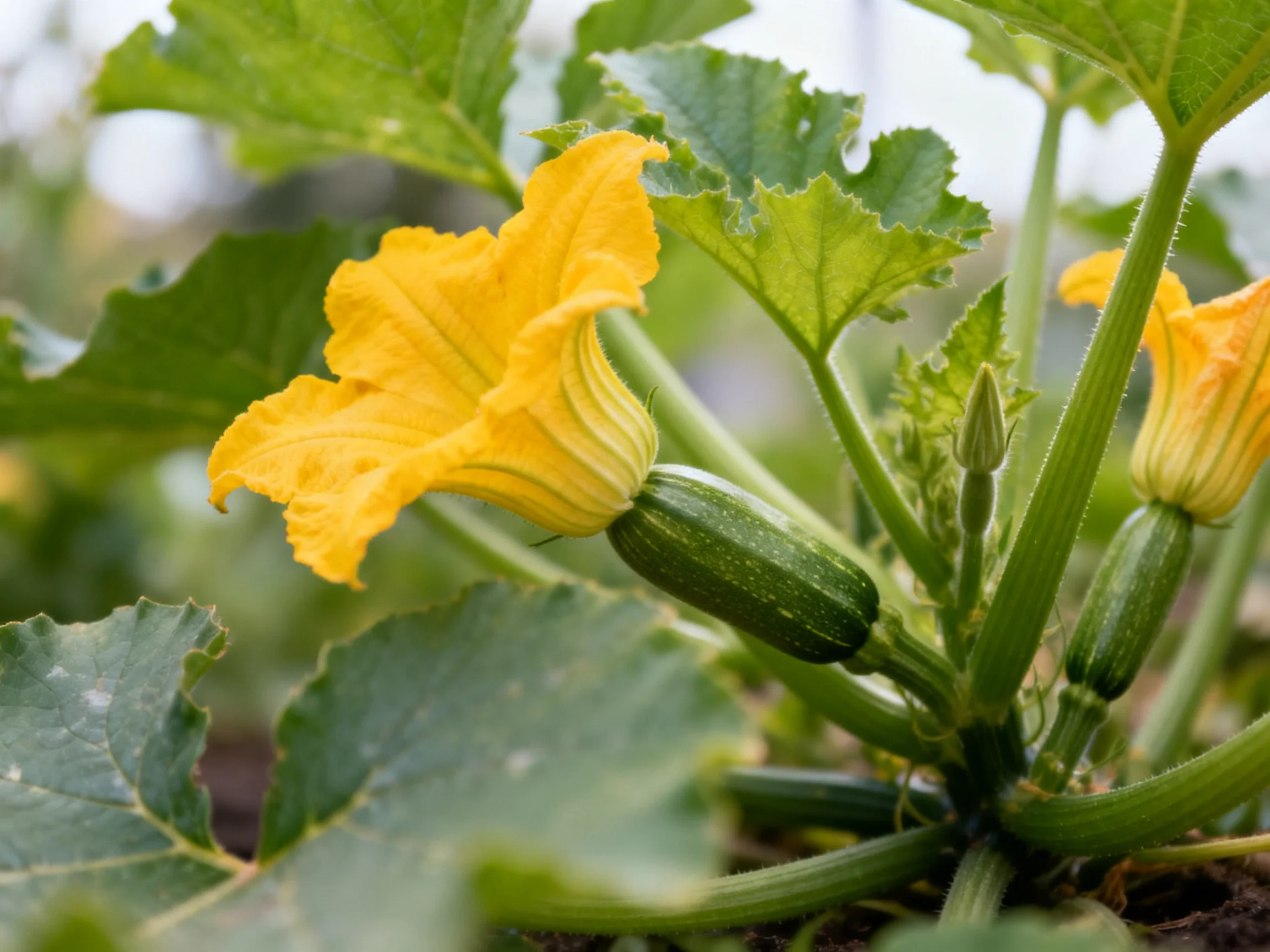 A squash plant with bright yellow flowers and small green fruits