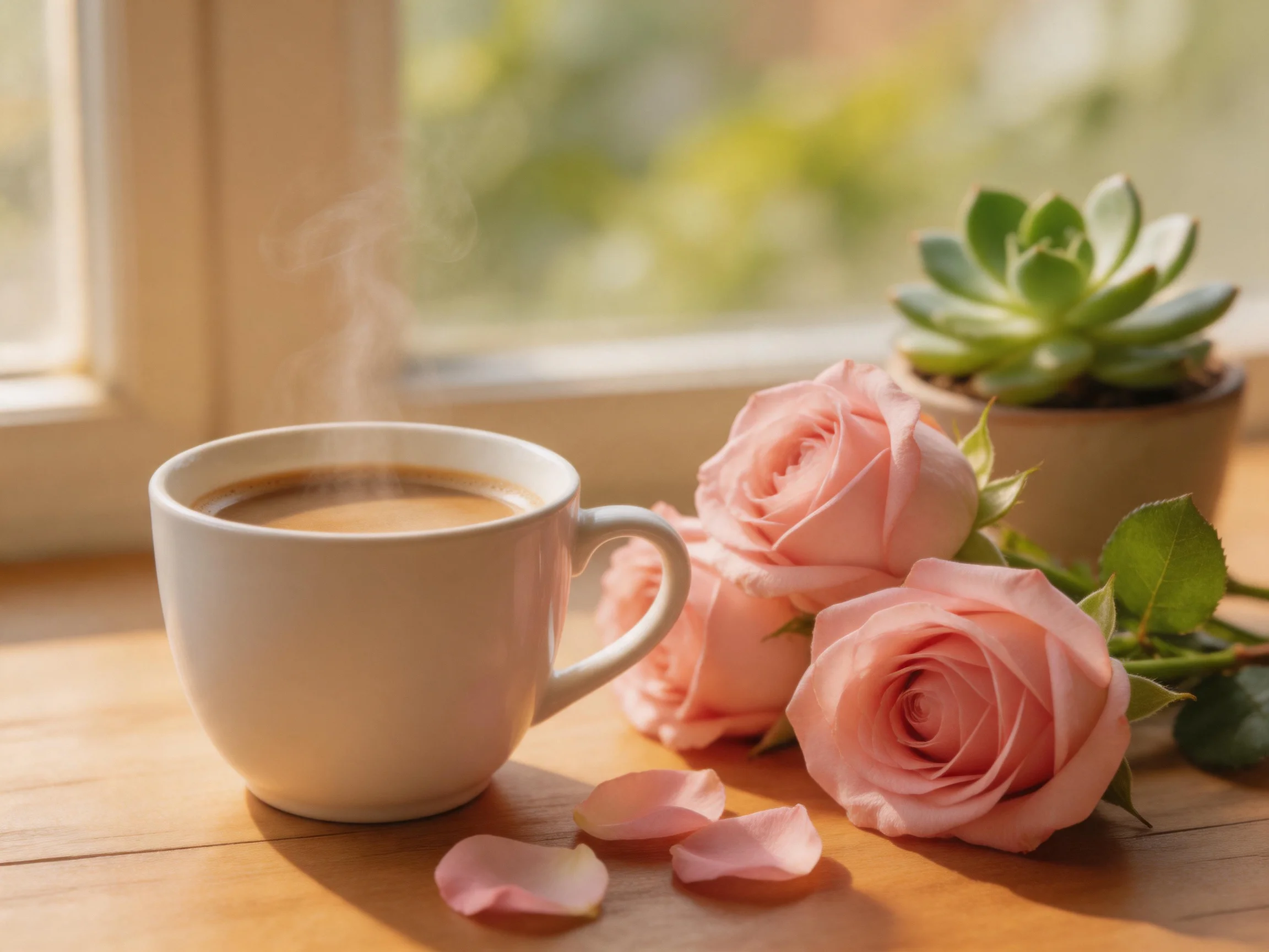 A steaming coffee cup beside pink roses and a succulent on wooden windowsill