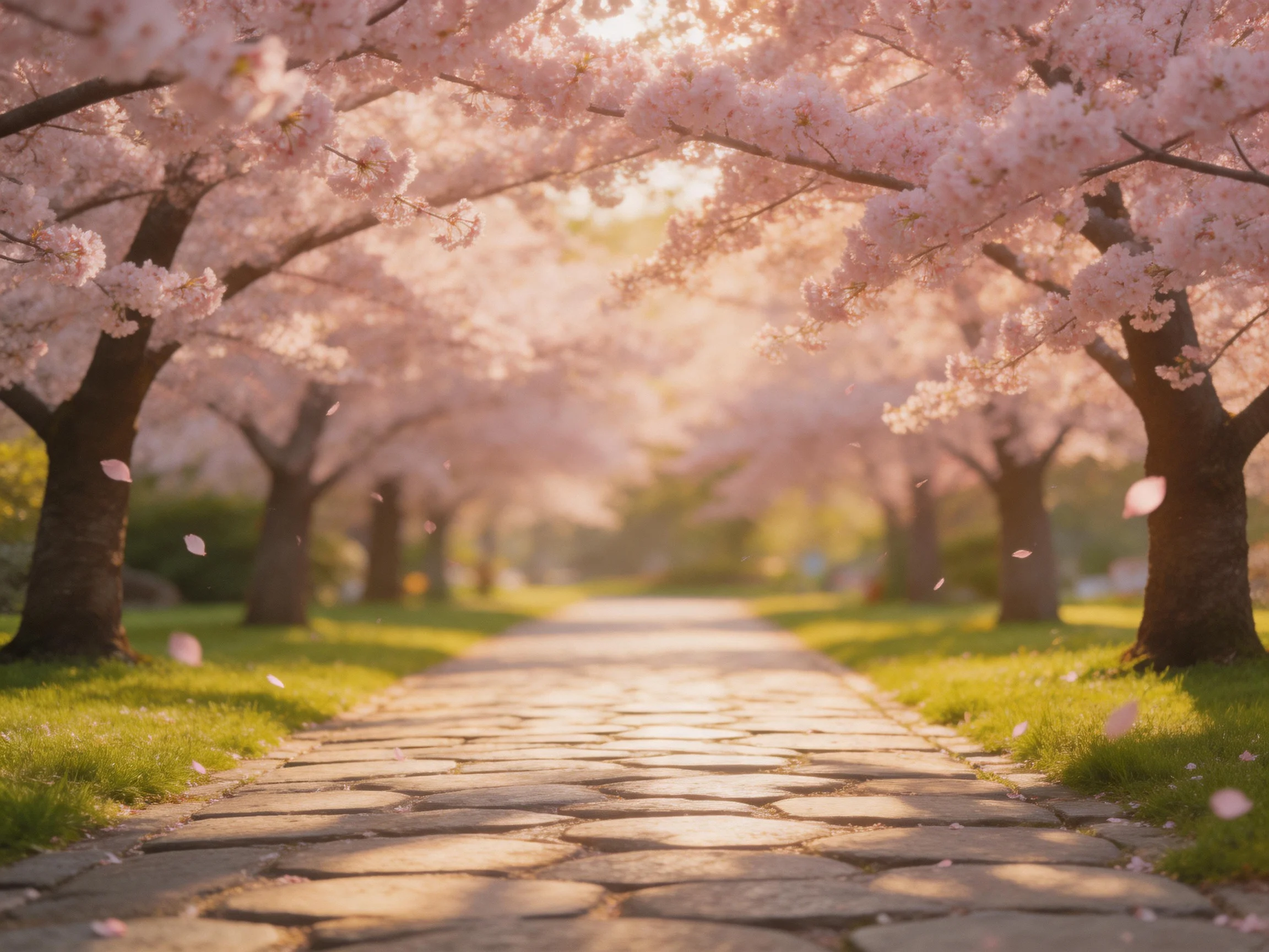 A stone pathway lined with blooming pink cherry blossom trees