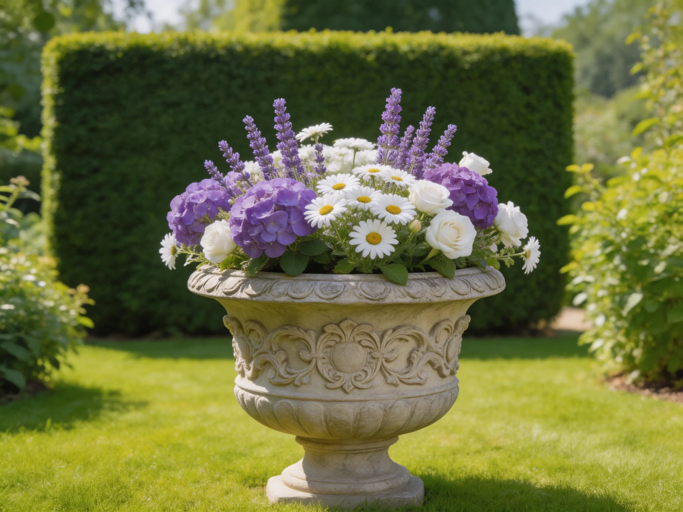 A stone urn filled with purple, white, and lavender blooms in a garden
