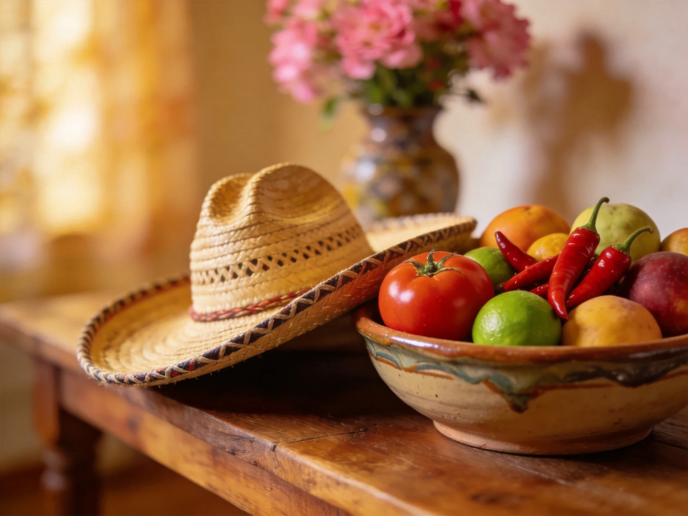 A straw hat rests near a bowl of mixed fruits and pink flowers on a wooden table