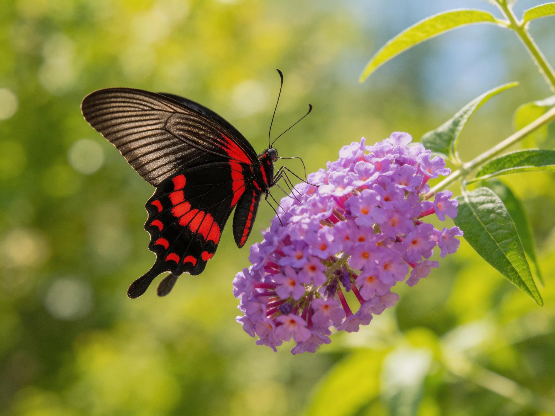 A striking black-and-red butterfly perches on vibrant purple blooms