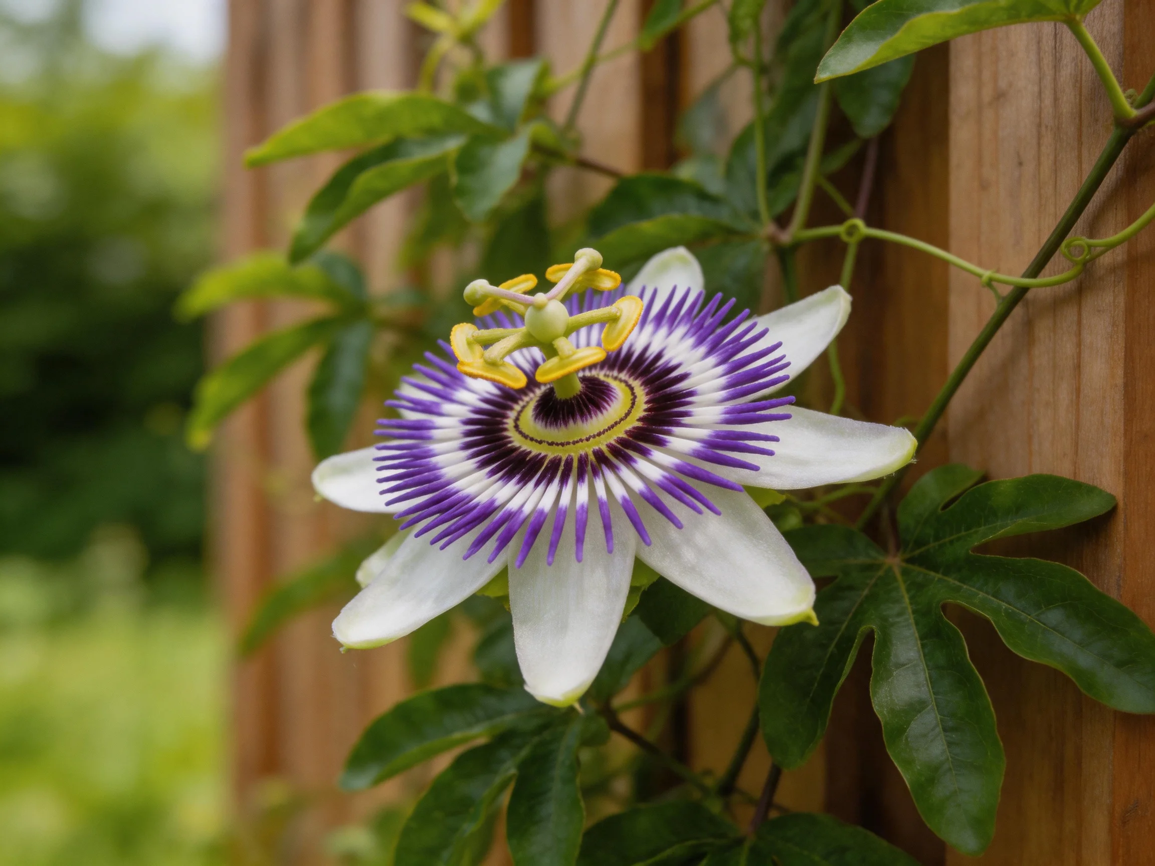 A striking passionflower with purple and white blooms near wooden panels