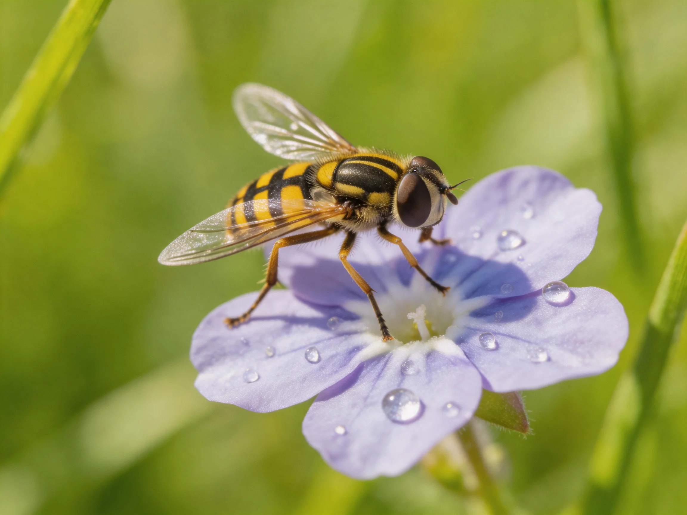 A striped hoverfly perches on a dewy purple flower