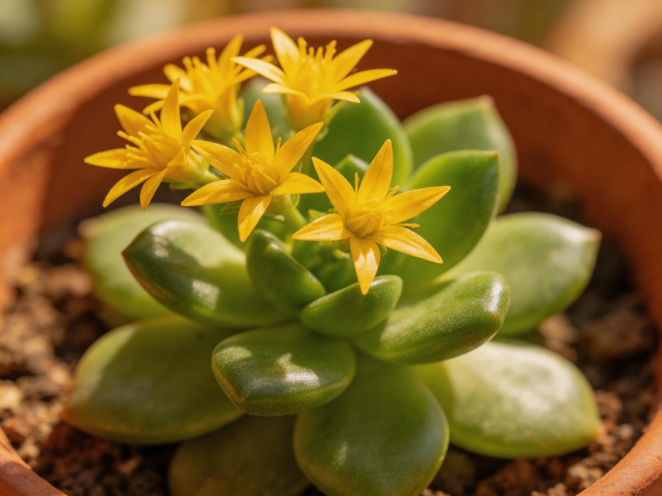 A succulent with bright yellow star - shaped flowers in a terracotta pot