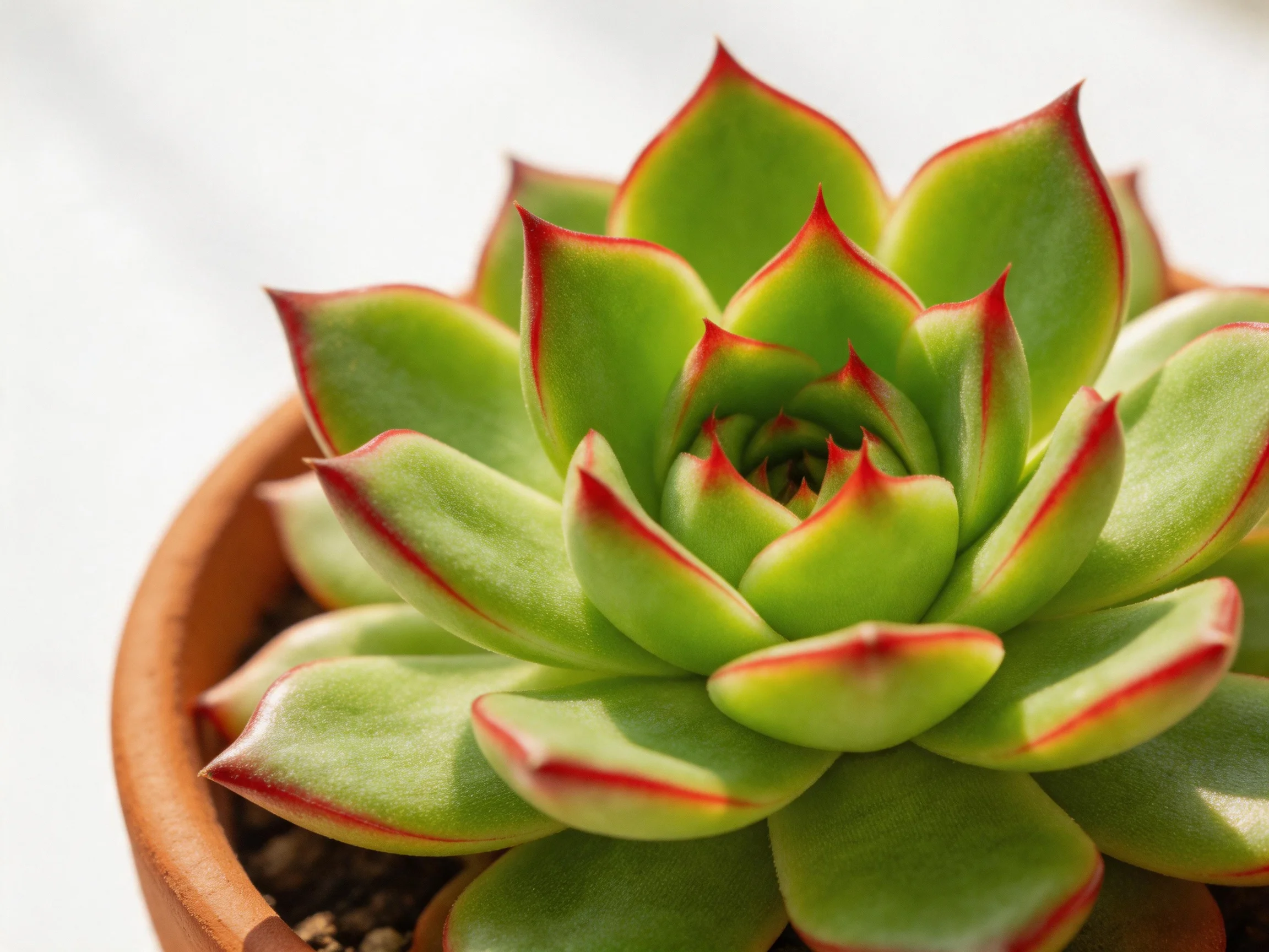 A succulent with red-edged green leaves in a terracotta pot