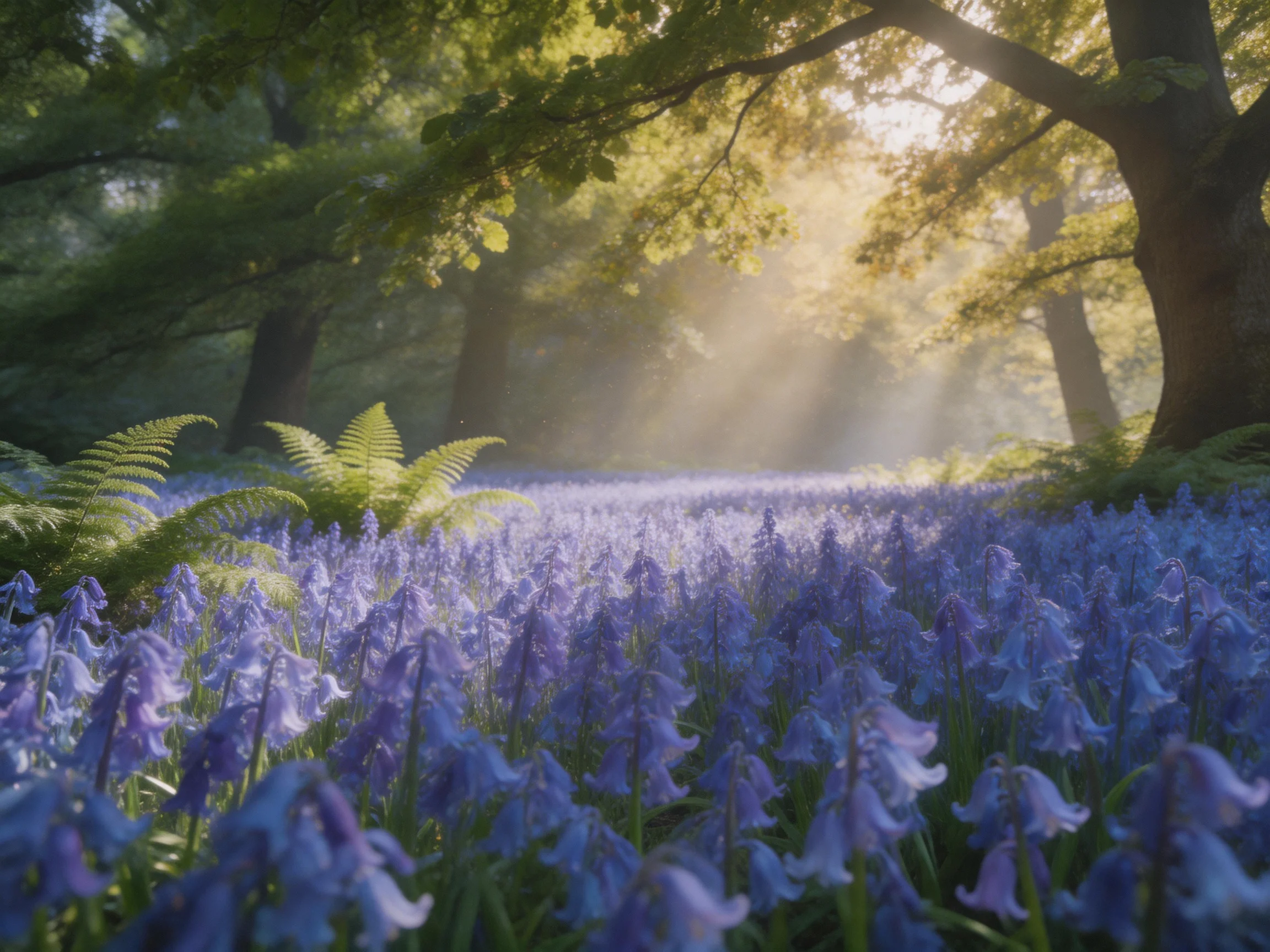 A sun-dappled forest clearing filled with abundant blue-purple flowers