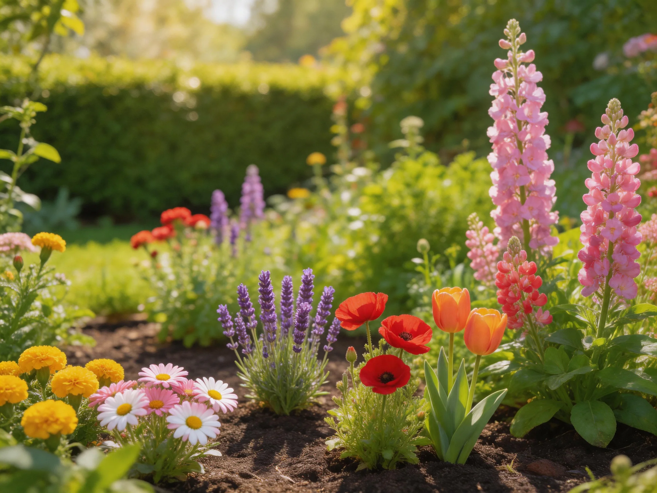 A sun-dappled garden with colorful blooms including lupines, poppies, and marigolds