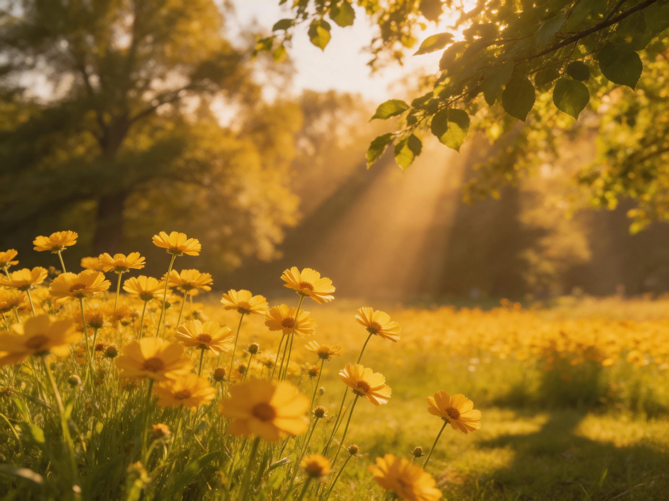A sun-drenched meadow blooming with vibrant yellow wildflowers