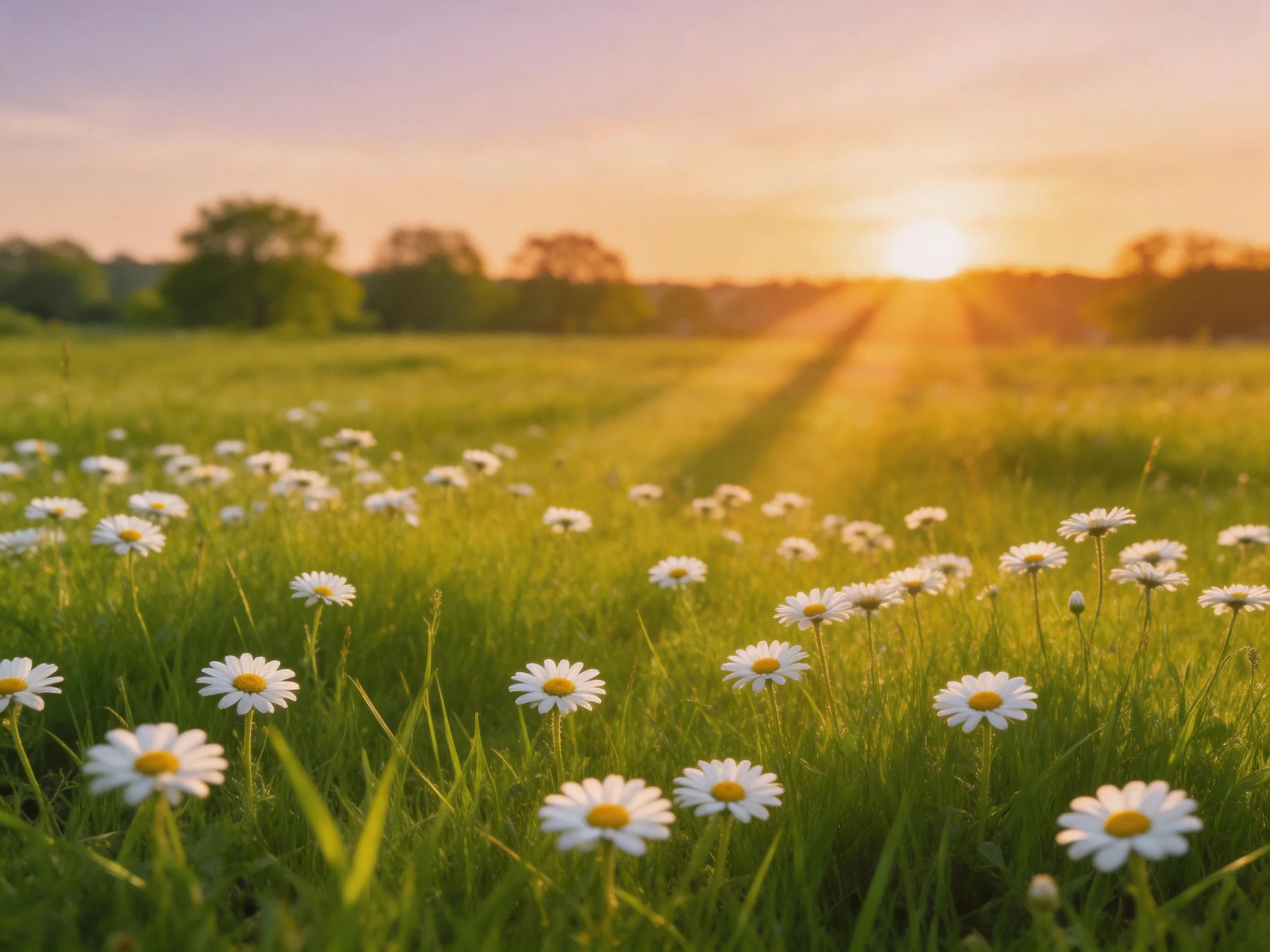 A sun-drenched meadow filled with white daisies under golden sunset rays