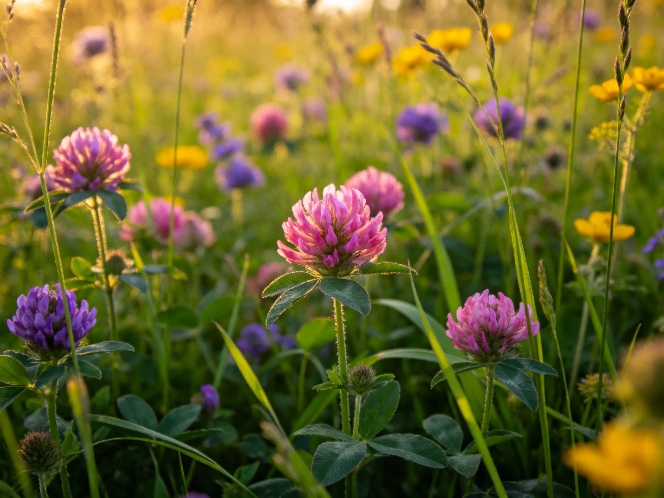 A sun-drenched meadow with pink, purple, and yellow wildflowers