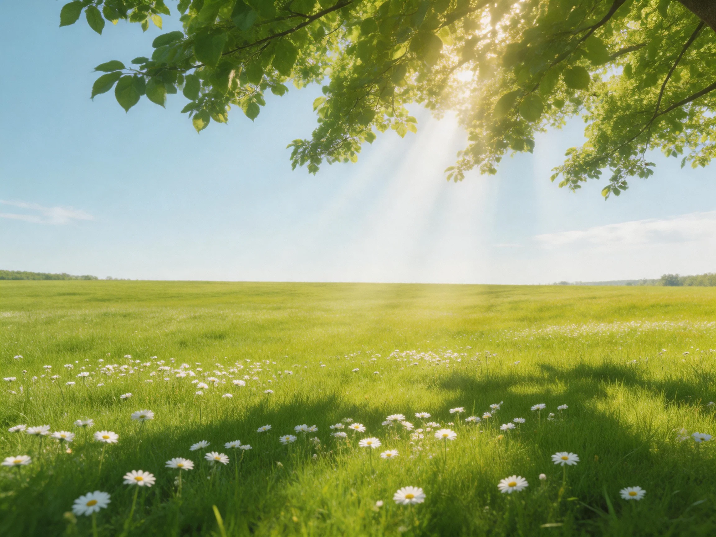 A sun-drenched meadow with scattered daisies and leafy tree cover