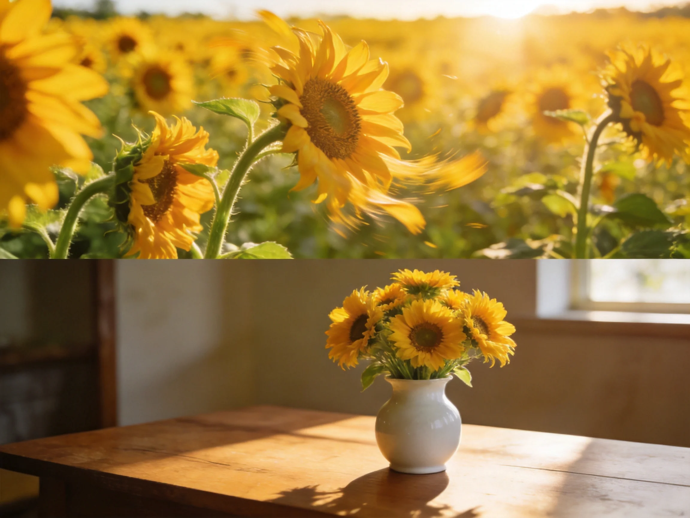 A sunflower field and an indoor vase with yellow blooms
