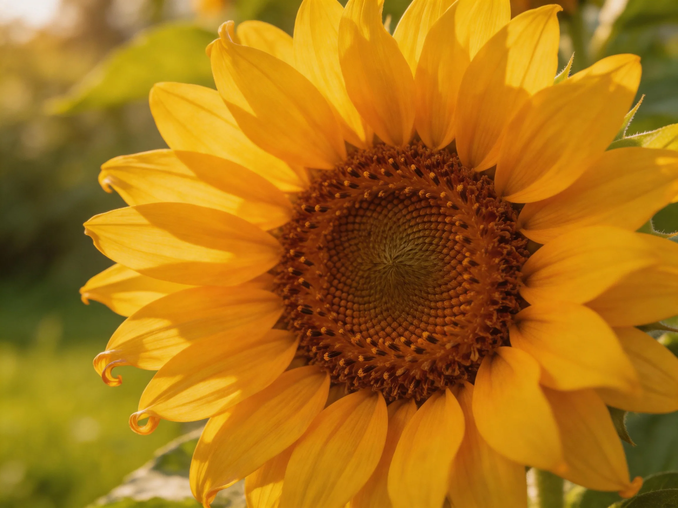A close - up of a sunflower with golden petals and a textured brown center.