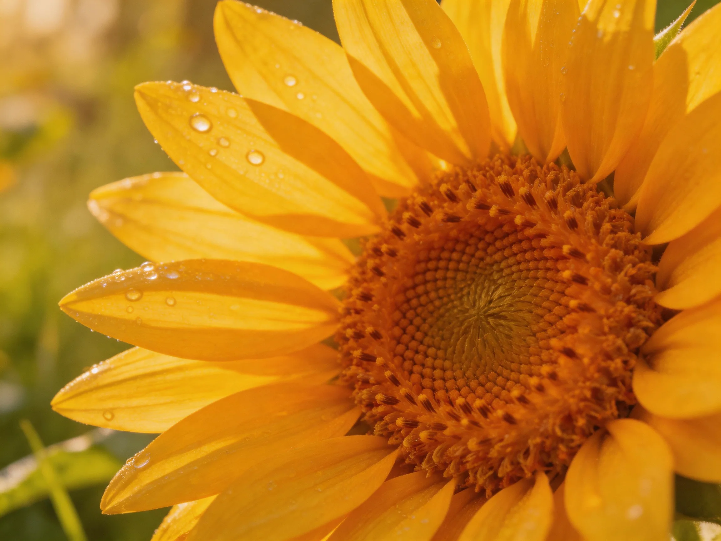 A sunflower with golden petals and dew drops, featuring an intricate center
