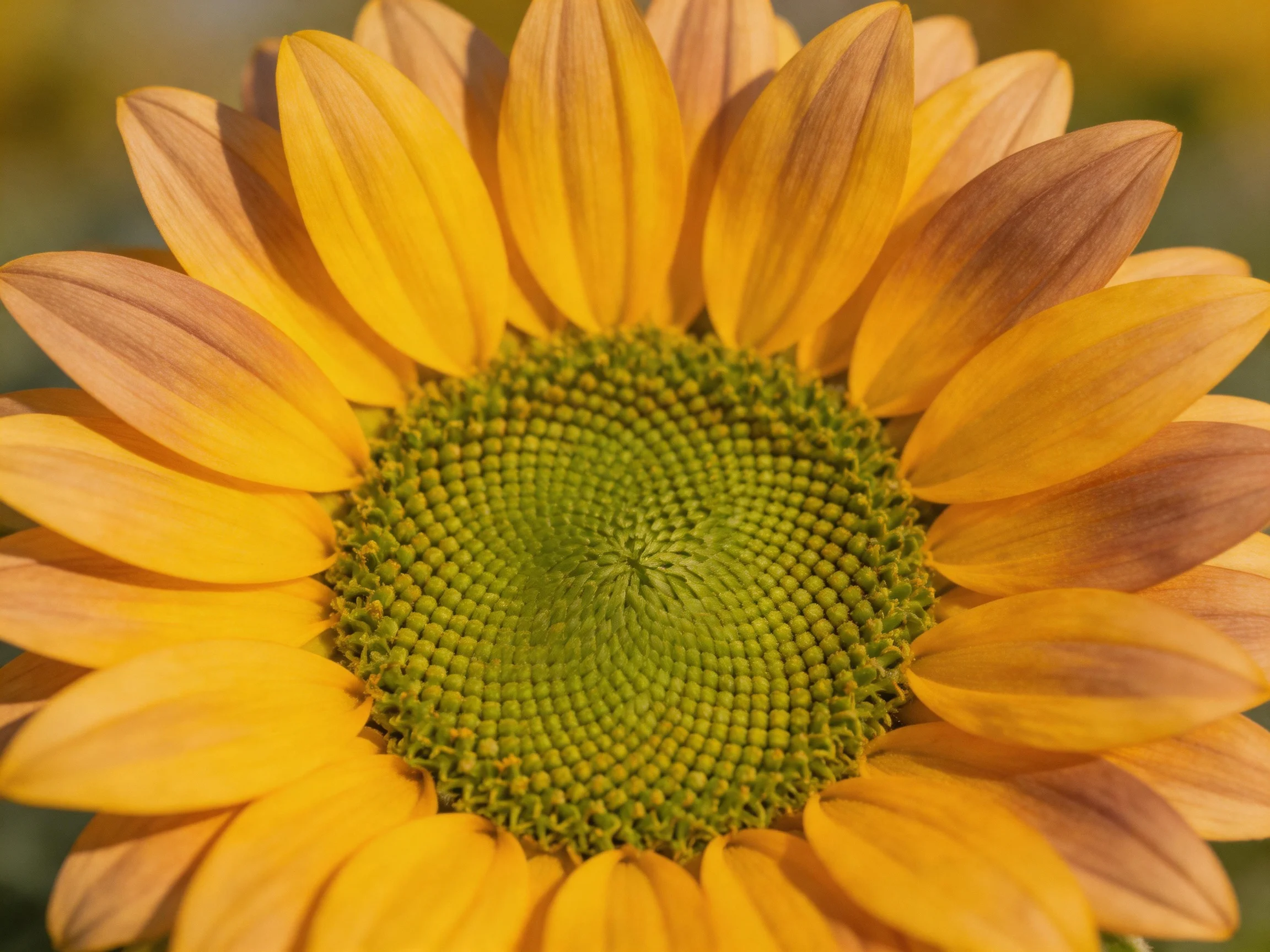 A sunflower with golden petals and intricate green center details