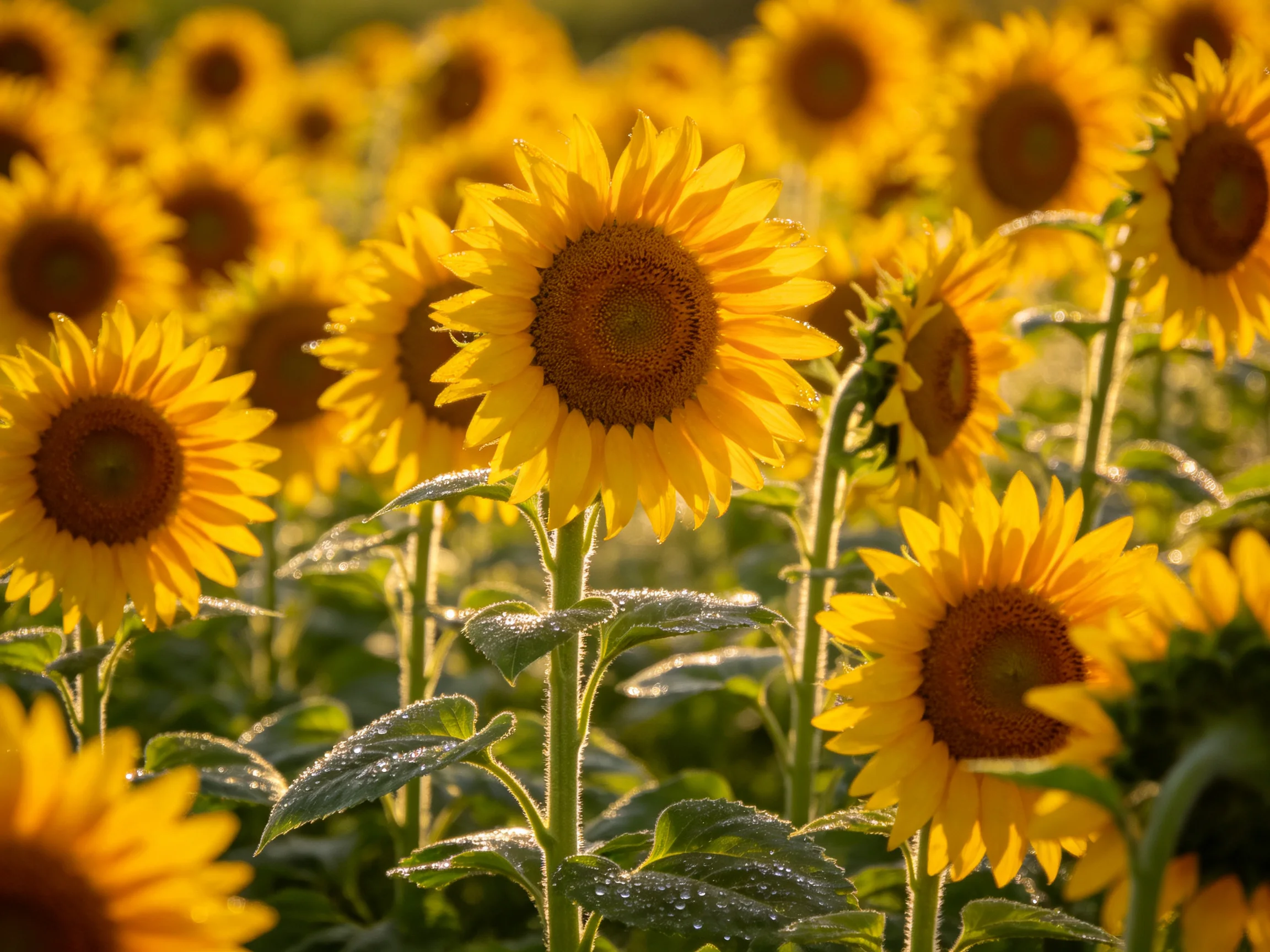 A sunlit field brimming with sunflowers of golden hue